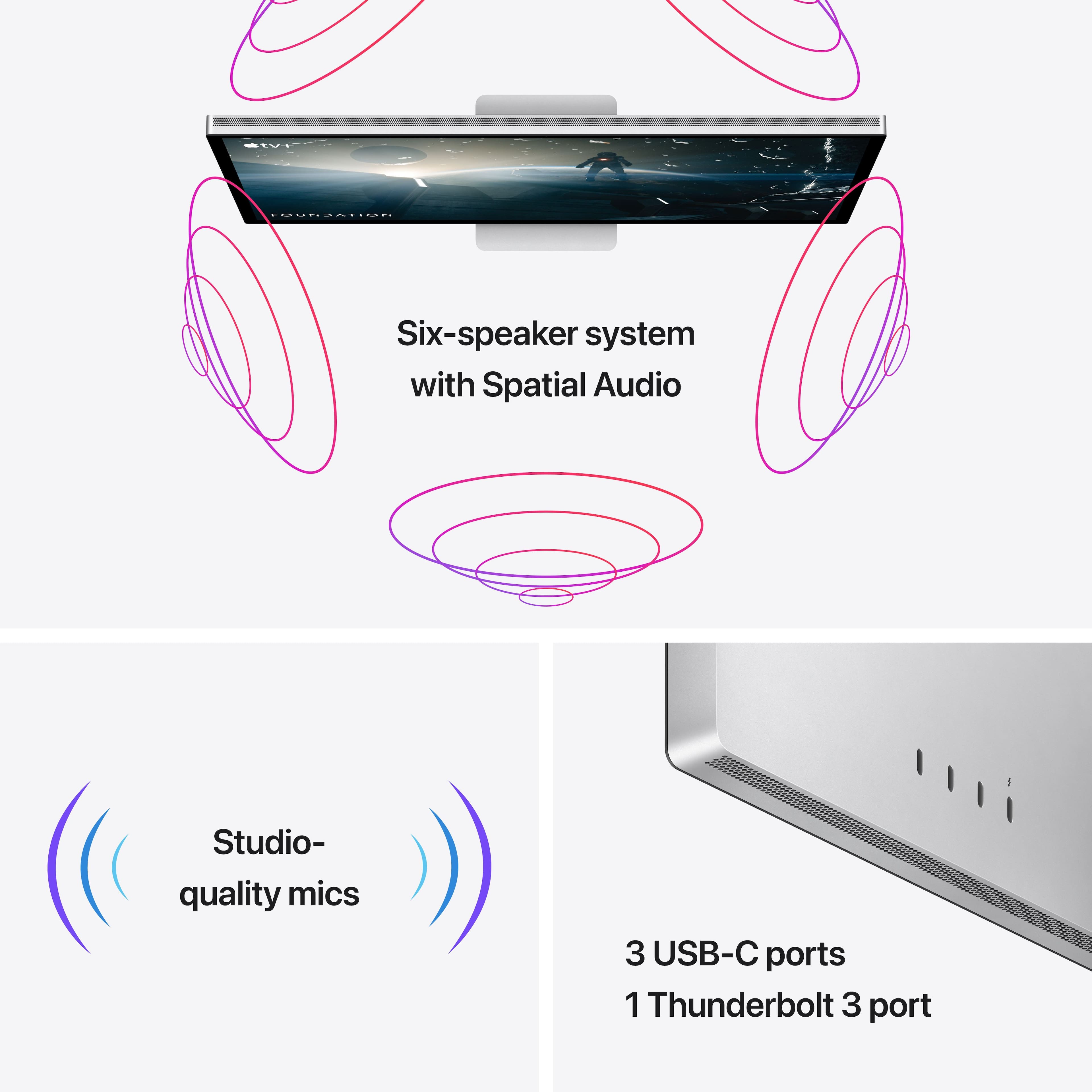 Six-speaker system with Spatial Audio, Studio-quality mics, 3 USB-C ports, and 1 Thunderbolt 3 port.