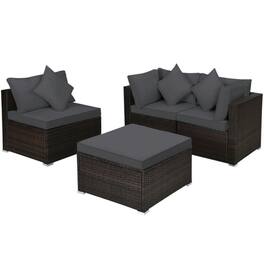 Pefilos - 4 Pieces Patio PE Rattan Wicker Furniture Set with 2 Corner Sofas, Cushioned Sofa Furniture Set - Black