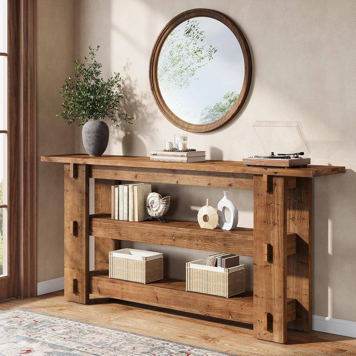 Angle. Tribesigns - Farmhouse Solid Wood Console Table with Storage Shelves and Wood Grain Finish for Entryway and Hallway - Brown.