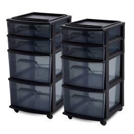 Homz - Tall Solid Plastic 4 Drawer Medium Storage Cart with Wheels, Black (2 Pack) - All Black