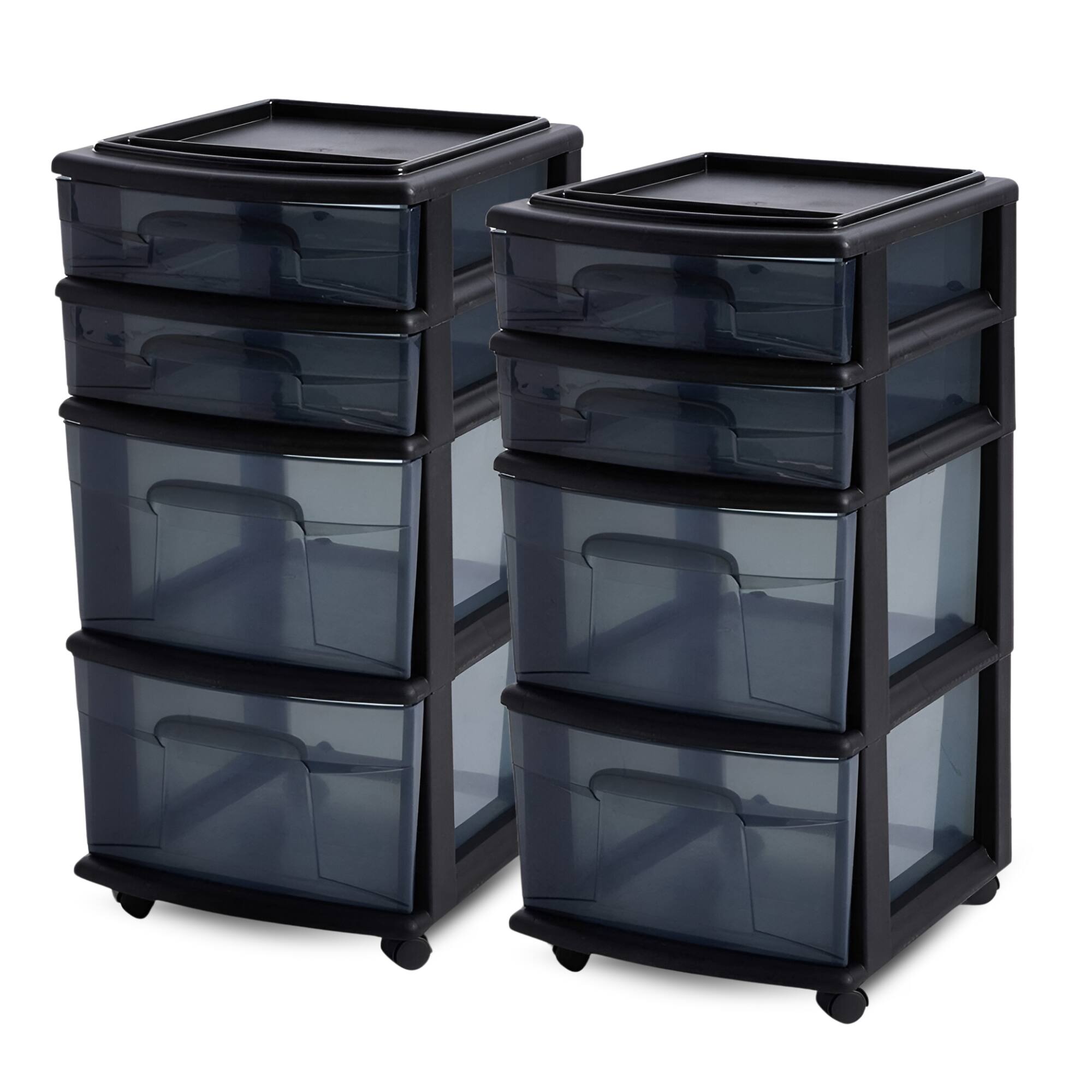 Front. Homz - Homz Tall Solid Plastic 4 Drawer Medium Storage Cart with Wheels, Black (2 Pack) - All Black.
