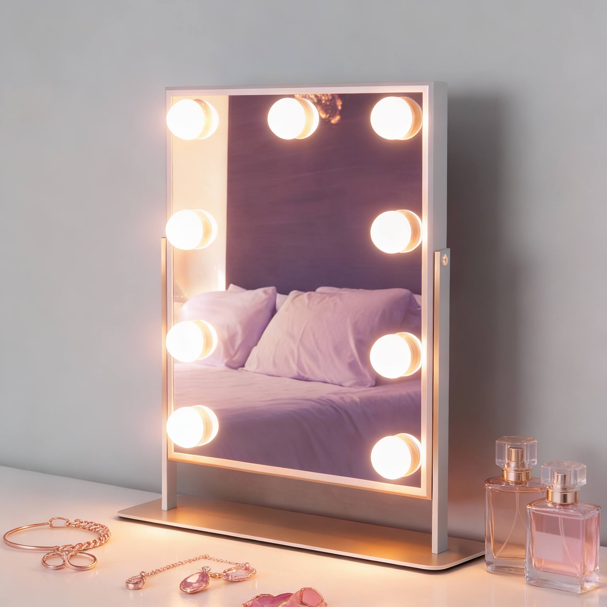 Alt View 1. PO3TICJUNKI3 - Hollywood Vanity Mirror with Lights, 3 Color Modes, Dimmable, 10X Magnifying, 360° Swivel - Ivory.
