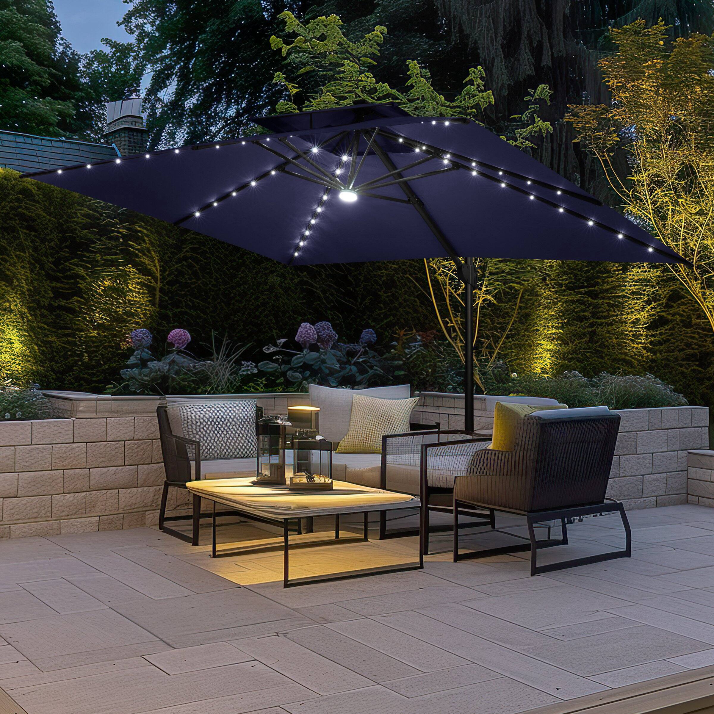 Alt View 5. Crestlive Products - Crestlive Products 10x13ft Aluminum Double Top Crank Cantilever Patio Umbrella with Lights with Base - Navy blue.