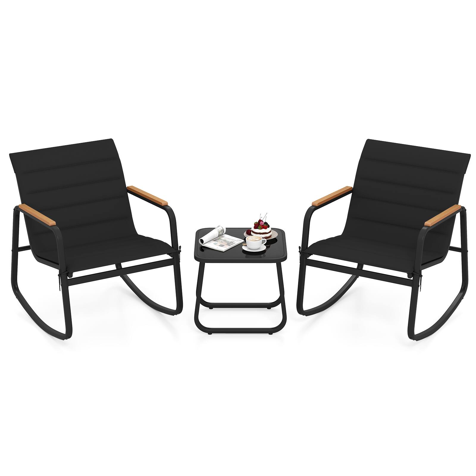 Alt View 1. Costway - Costway 3PCS Outdoor Rocking Bistro Set with Tempered Glass Table Metal Frame Soft Cushions - Black.