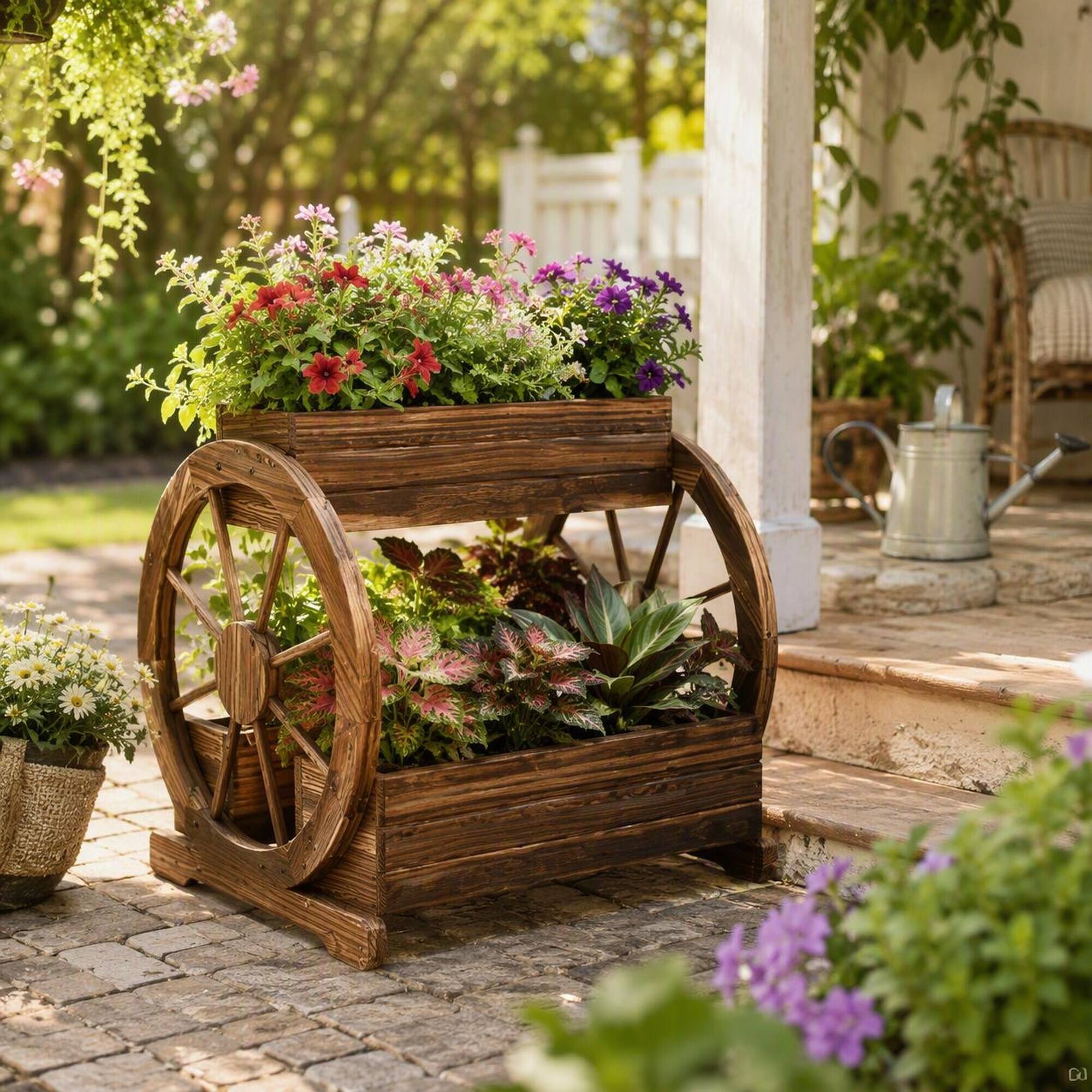 Left. RYHNUYNE - 3-Tier Wooden Wagon Planter with Decorative Wheels for Vegetables Flowers Herbs, Carbonized Fir Raised Garden Bed - Black+Brown.