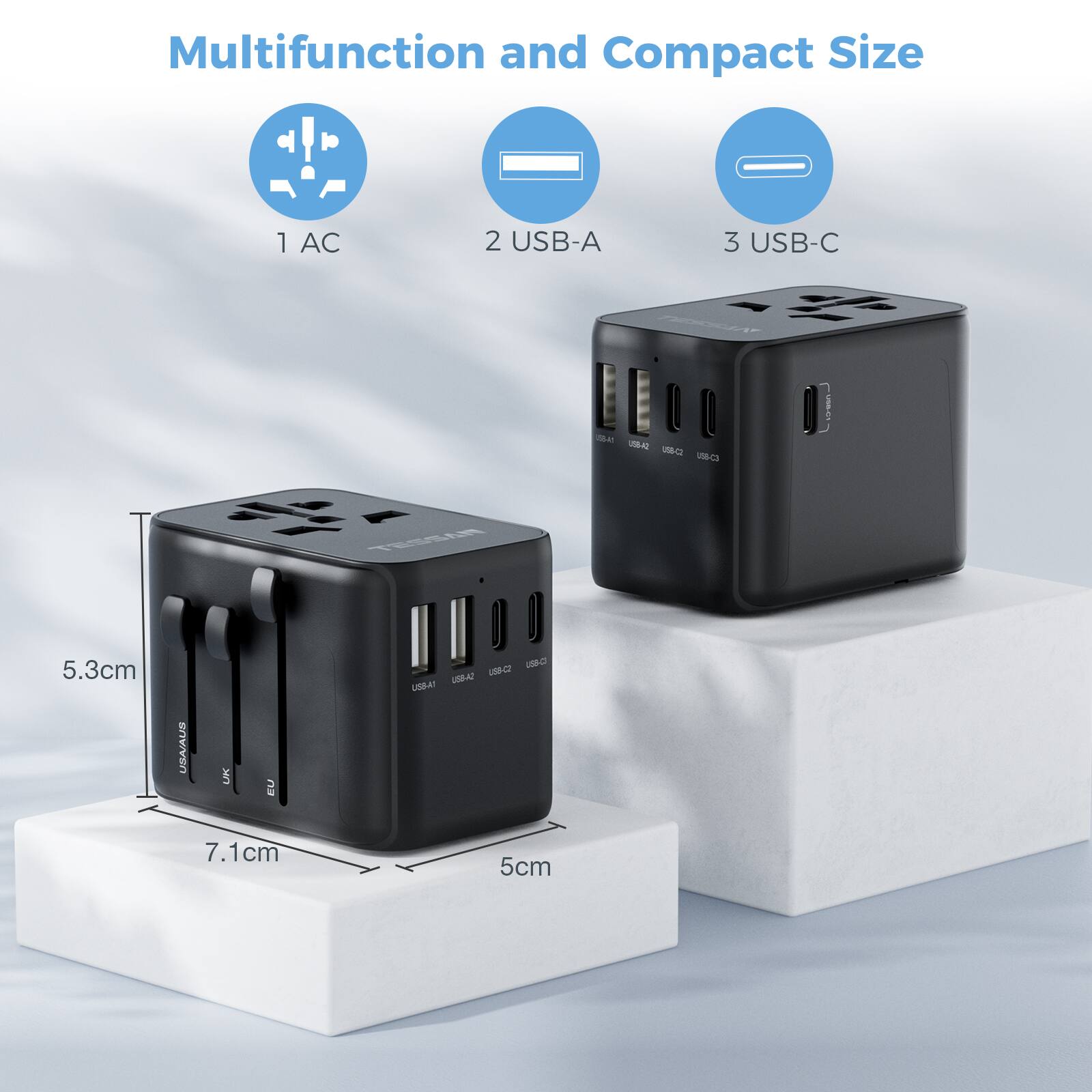 Multifunction and Compact Size

1 AC
2 USB-A
3 USB-C

5.3cm
7.1cm
5cm

USA/AUS
UK
EU