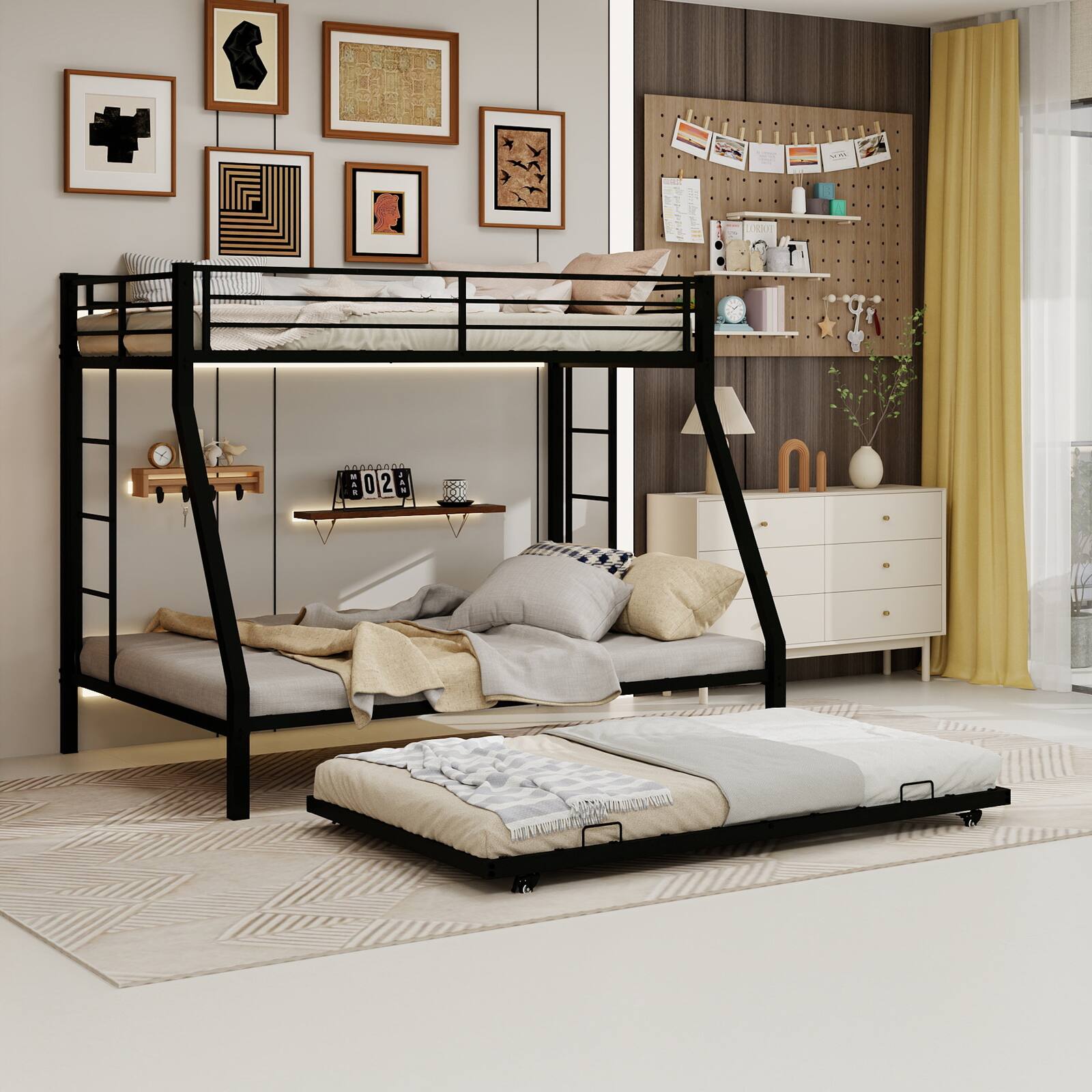 Left. Loheer - Loheer Metal Triple Bunk Bed Twin Over Full with Twin Trundle Black Steel Frame - Black.