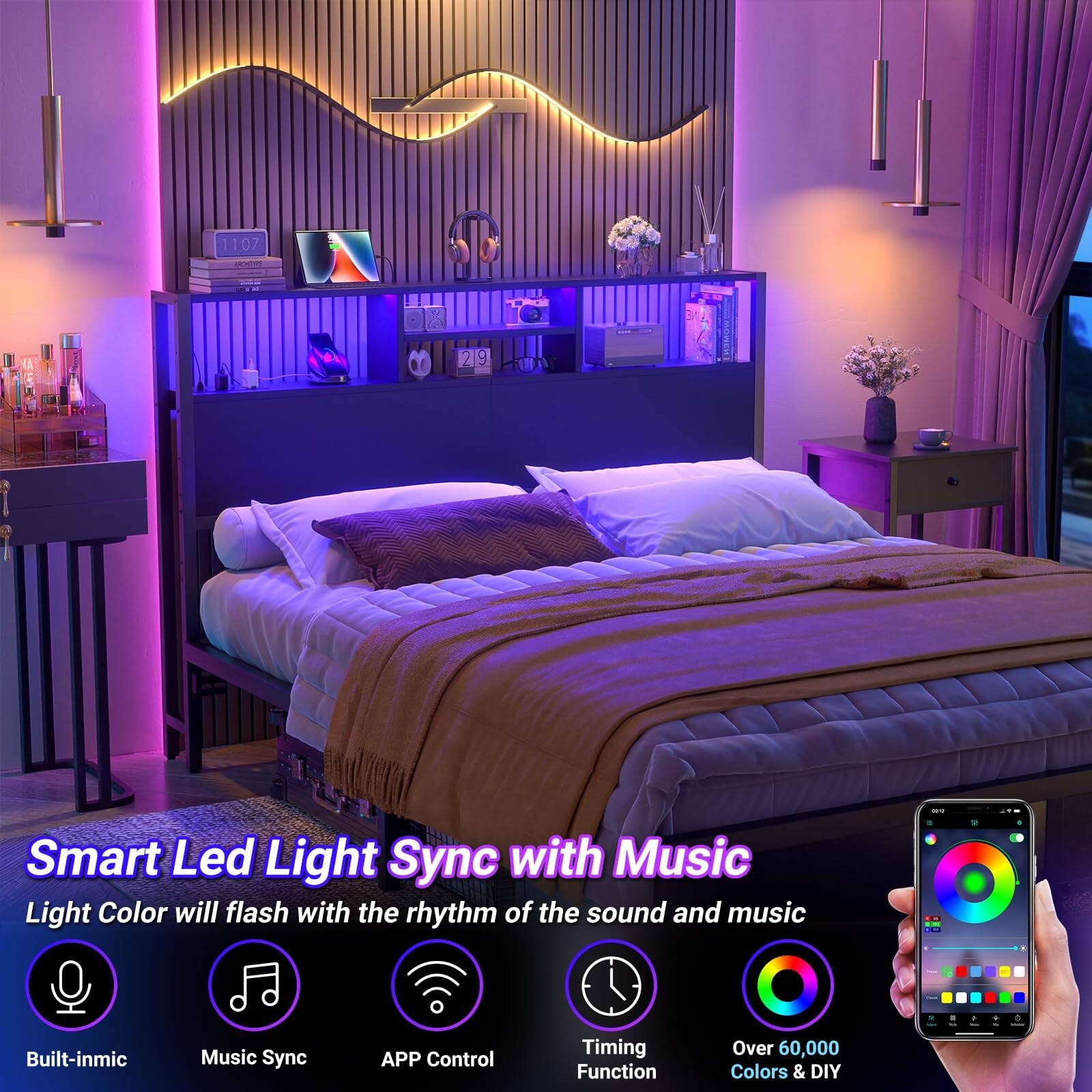 1107 I 219 Smart Led Light Sync with Music  
Light Color will flash with the rhythm of the sound and music  
- Built-in mic  
- Music Sync  
- APP Control  
- Timing Function  
- Over 60,000 Colors & DIY