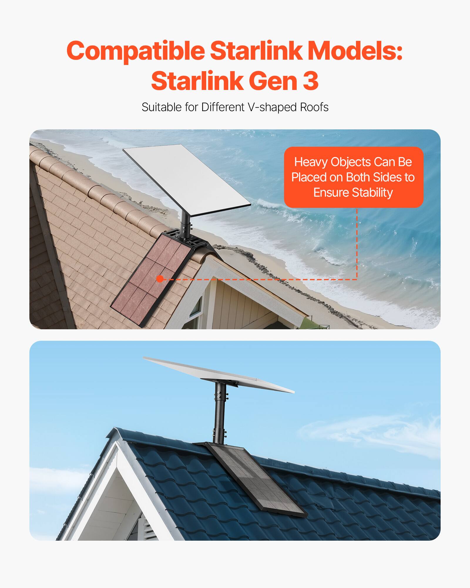 Compatible Starlink Models: Starlink Gen 3
Suitable for Different V-shaped Roofs
Heavy Objects Can Be Placed on Both Sides to Ensure Stability