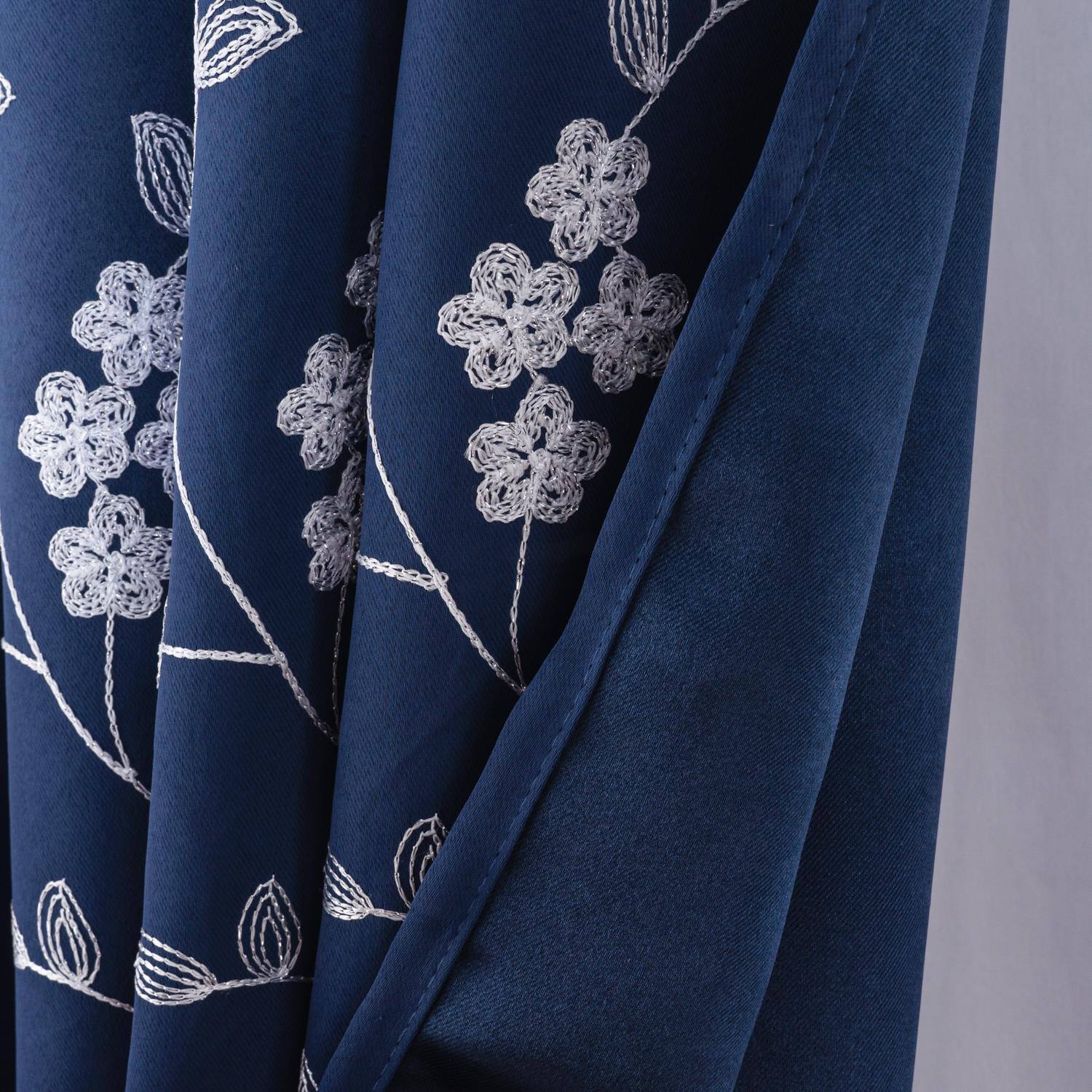 Left. RT Designers Collection - RT Designer Collection Lilian Embroidered Blackout Luxurious Decorative Grommet Curtain Panel 54" x 95" Navy - Navy Blue.
