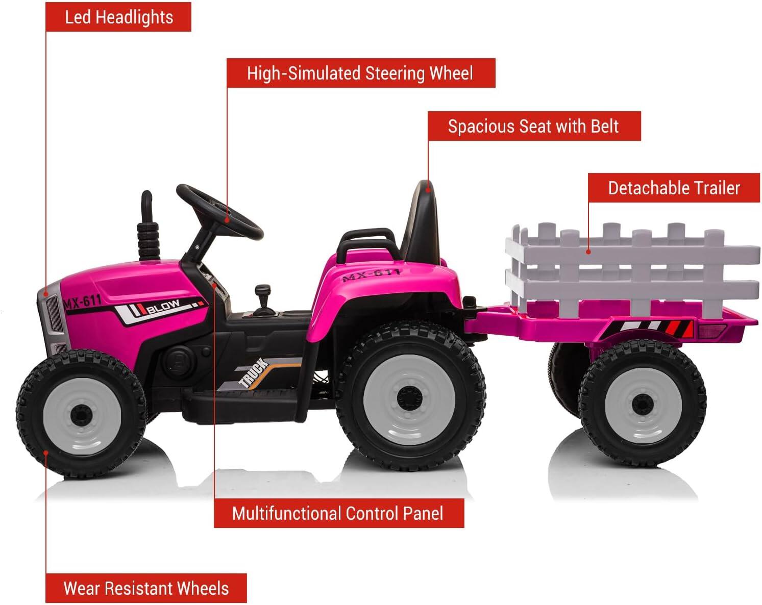 Led Headlights  
High-Simulated Steering Wheel  
Spacious Seat with Belt  
Detachable Trailer  
Multifunctional Control Panel  
Wear Resistant Wheels