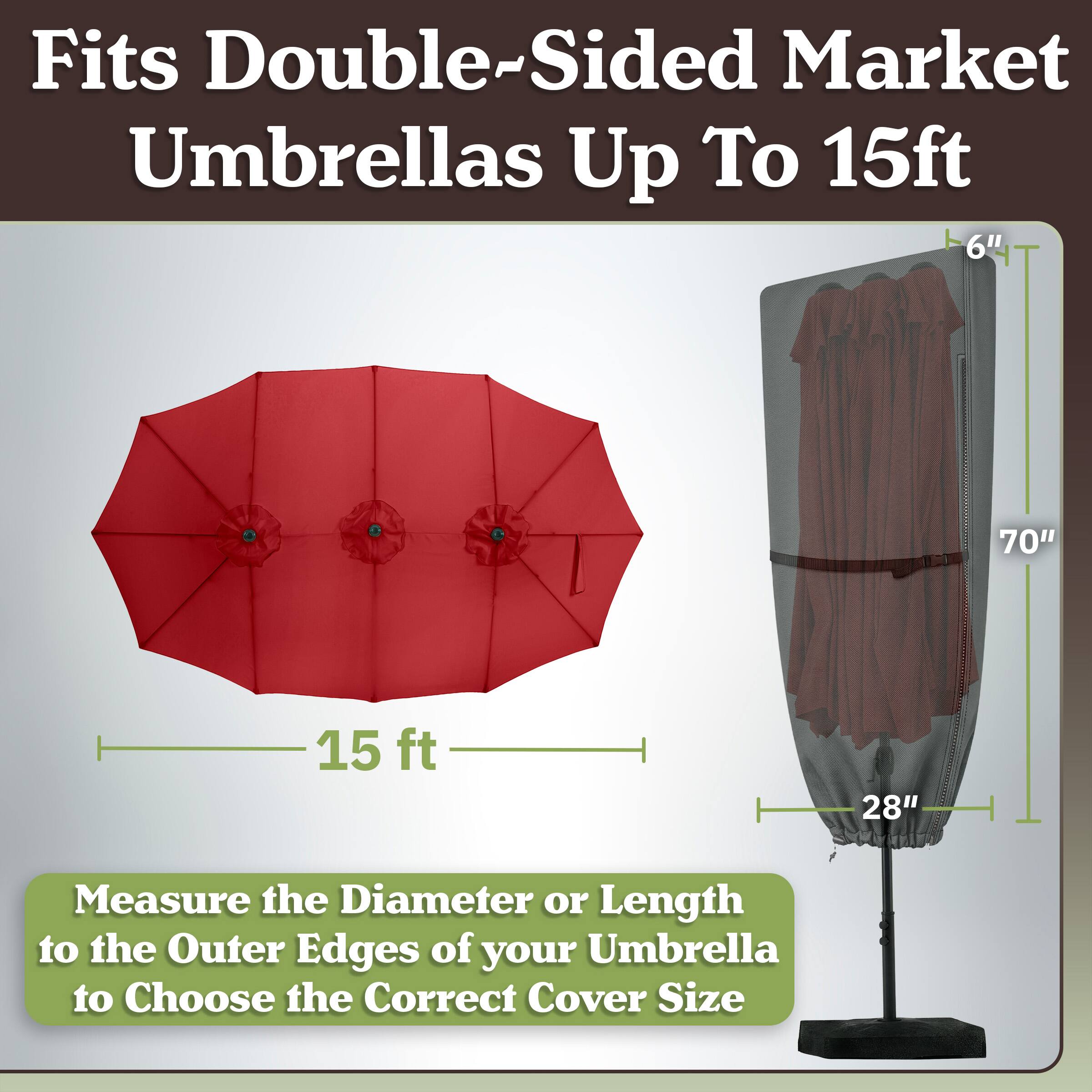 Fits Double-Sided Market Umbrellas Up To 15ft

Measure the Diameter or Length to the Outer Edges of your Umbrella to Choose the Correct Cover Size