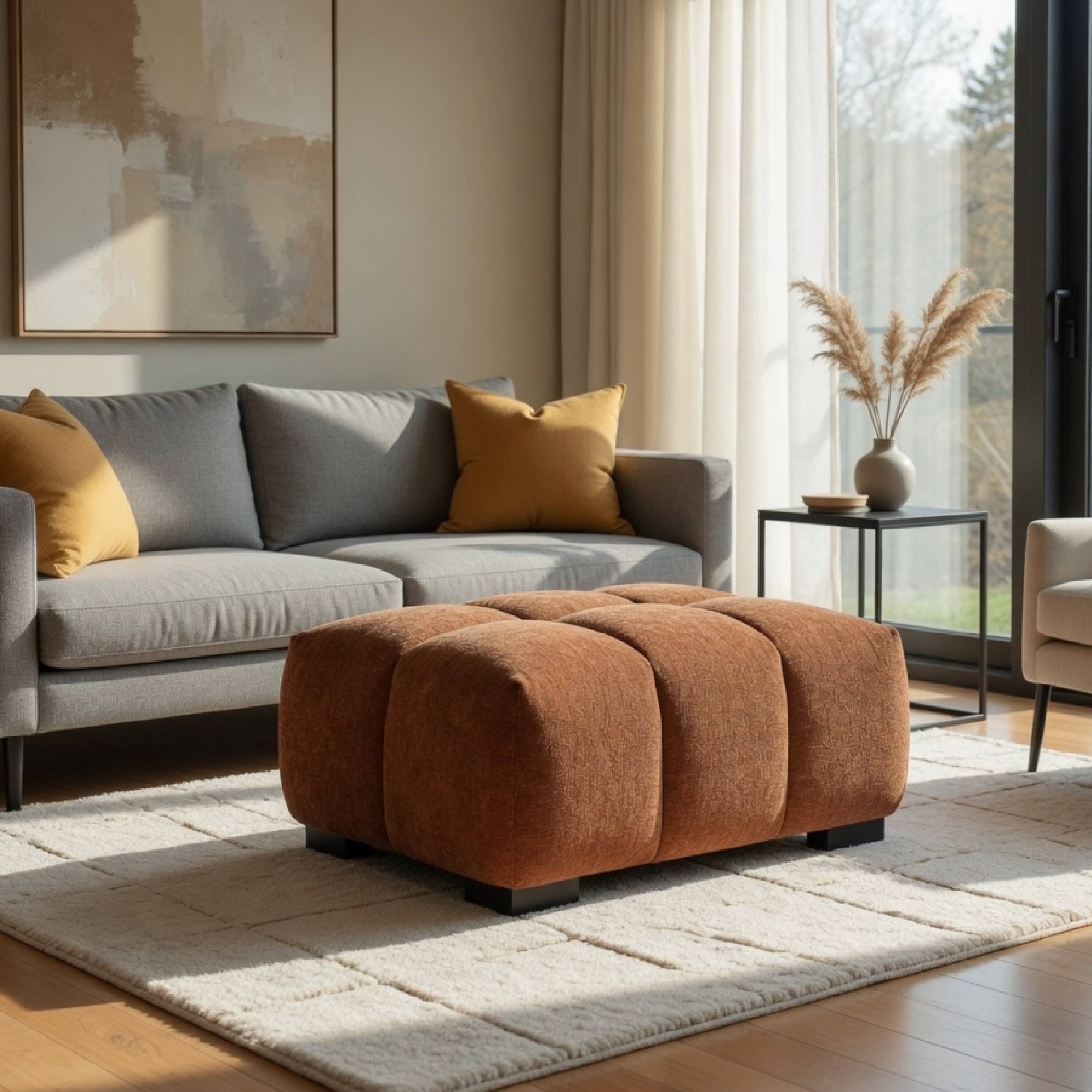 Alt View 8. Manhattan Lane - Hecy Ottoman, Grid Tufted, Plush Orange Upholstery, 39 Inch - Orange, Black.
