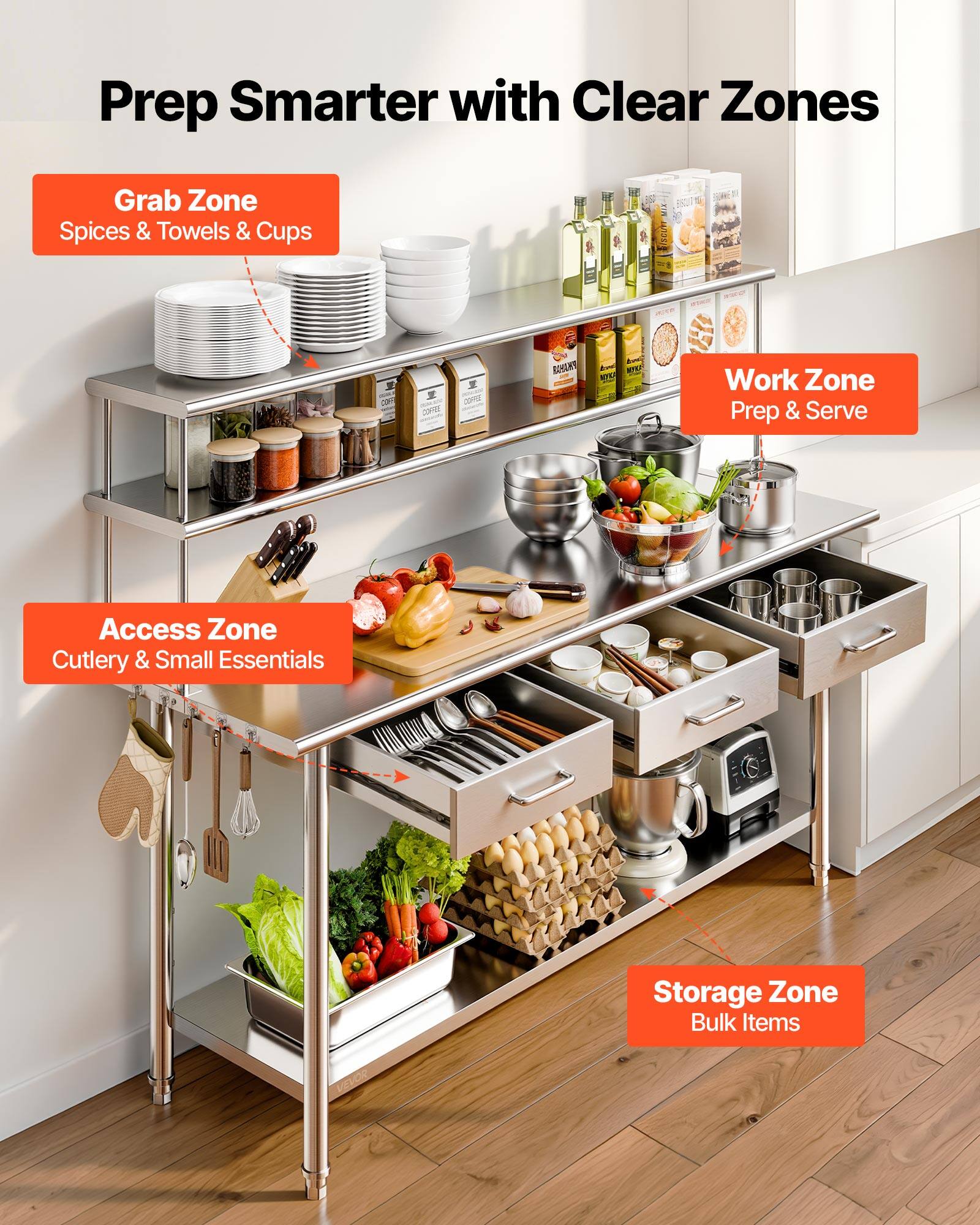 Prep Smarter with Clear Zones

Grab Zone
Spices & Towels & Cups

Work Zone
Prep & Serve

Access Zone
Cutlery & Small Essentials

Storage Zone
Bulk Items