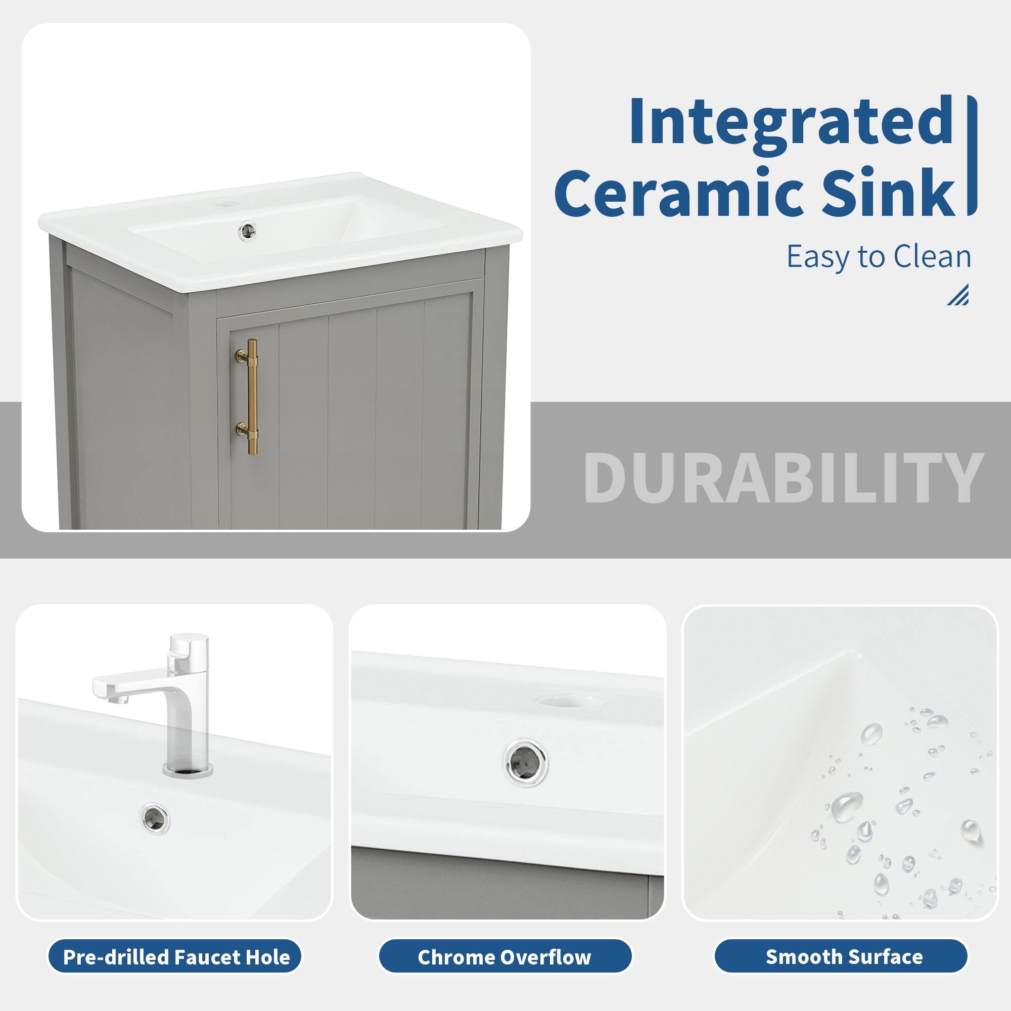 Integrated Ceramic Sink  
Easy to Clean  

DURABILITY  

Pre-drilled Faucet Hole  
Chrome Overflow  
Smooth Surface