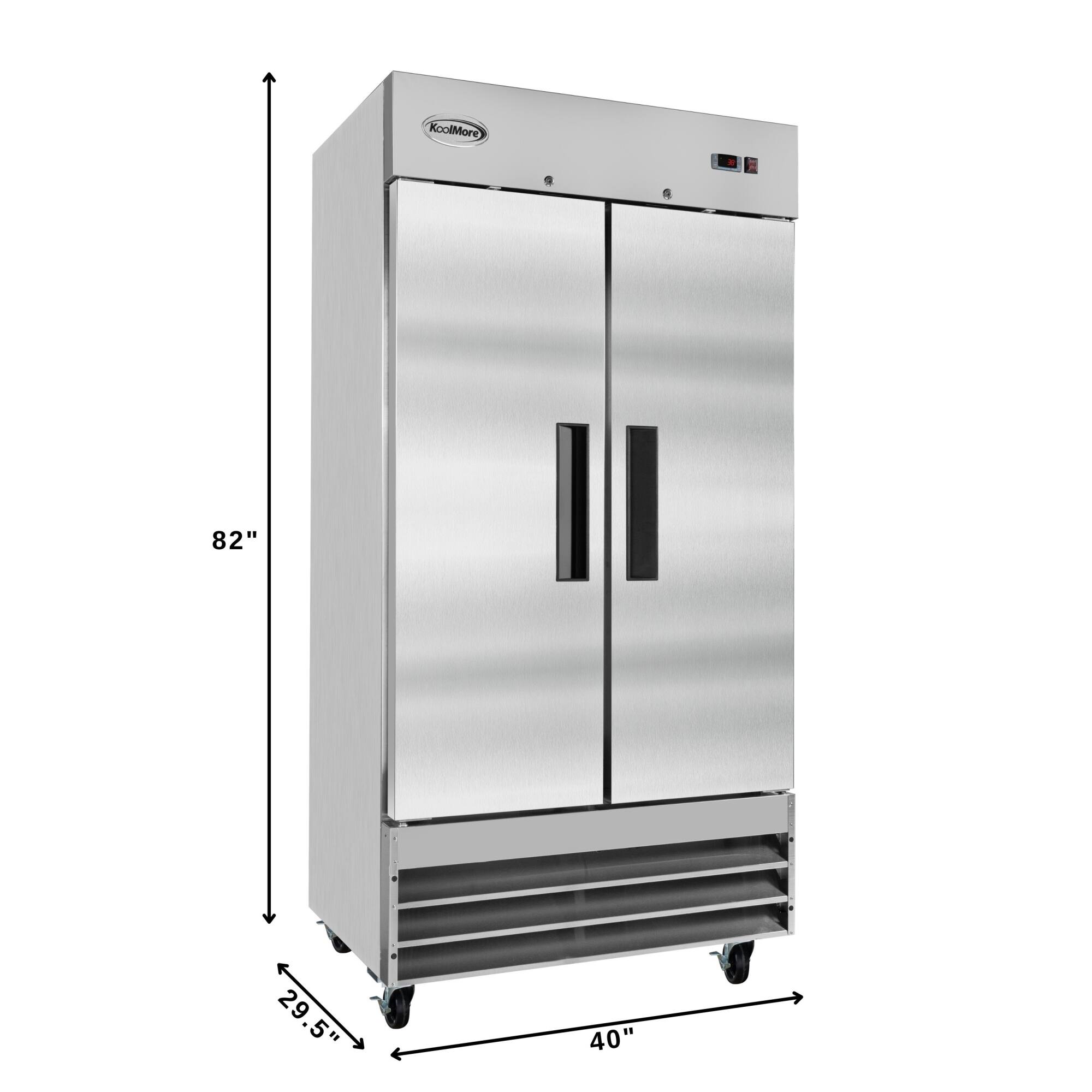 The text on the image reads "KoolMore 82" 29.5" 40". This information indicates that the refrigerator is 82 inches tall, 29.5 inches wide, and 40 inches deep.