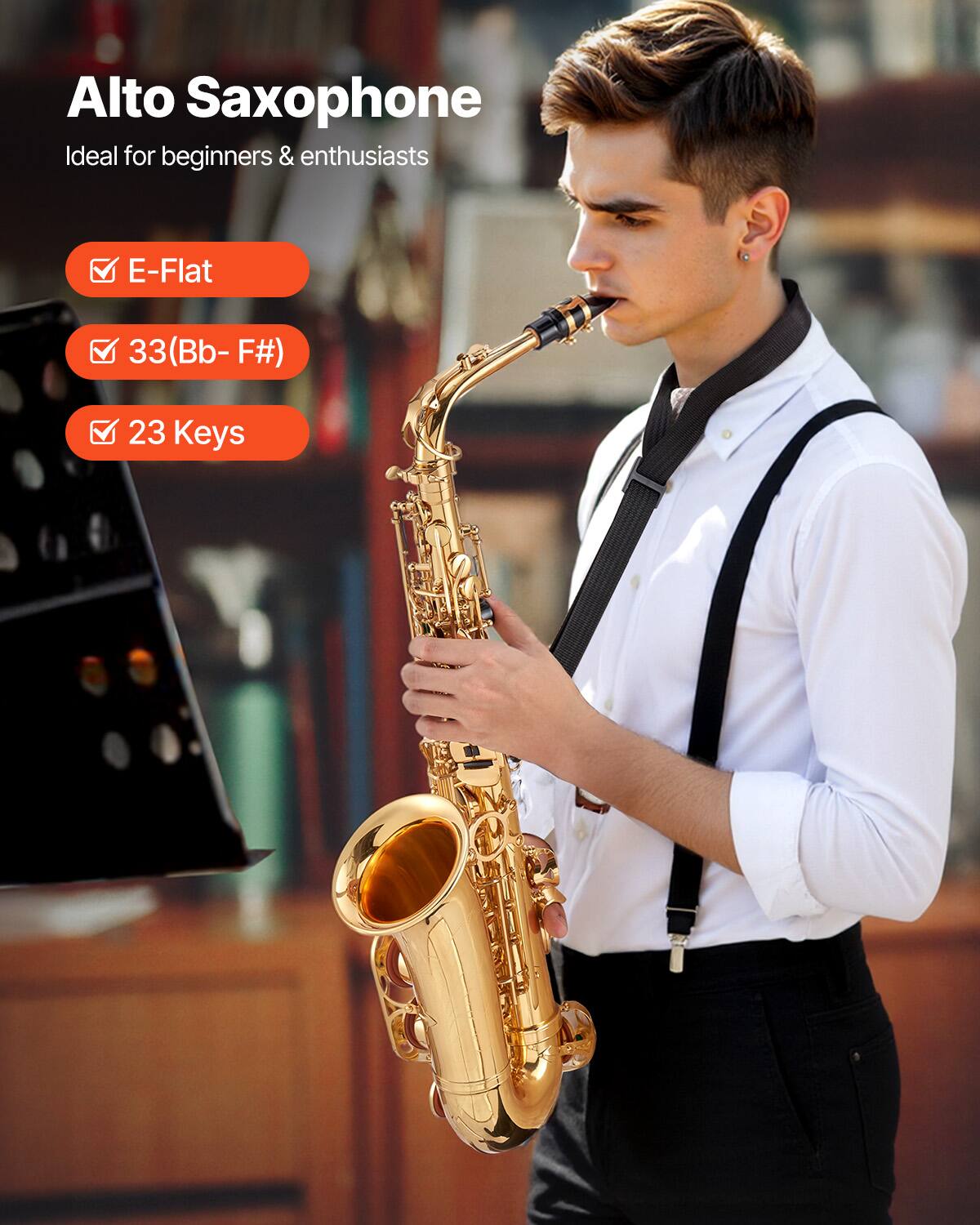 Alto Saxophone  
Ideal for beginners & enthusiasts  

- E-Flat  
- 33 (Bb - F#)  
- 23 Keys