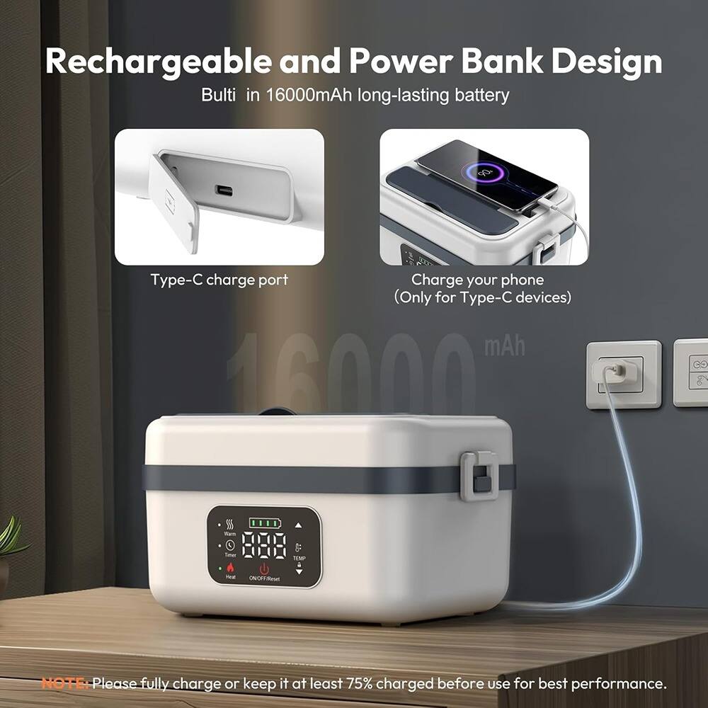 Rechargeable and Power Bank Design  
Bulti in 16000mAh long-lasting battery & Type-C charge port  
Charge your phone (Only for Type-C devices)  
mAh 16000  
0%  
IEE  
Tmer  
A  
Heal  
ONOFFSase  
TEMP  
NOTE: Please fully charge or keep it at least 75% charged before use for best performance.