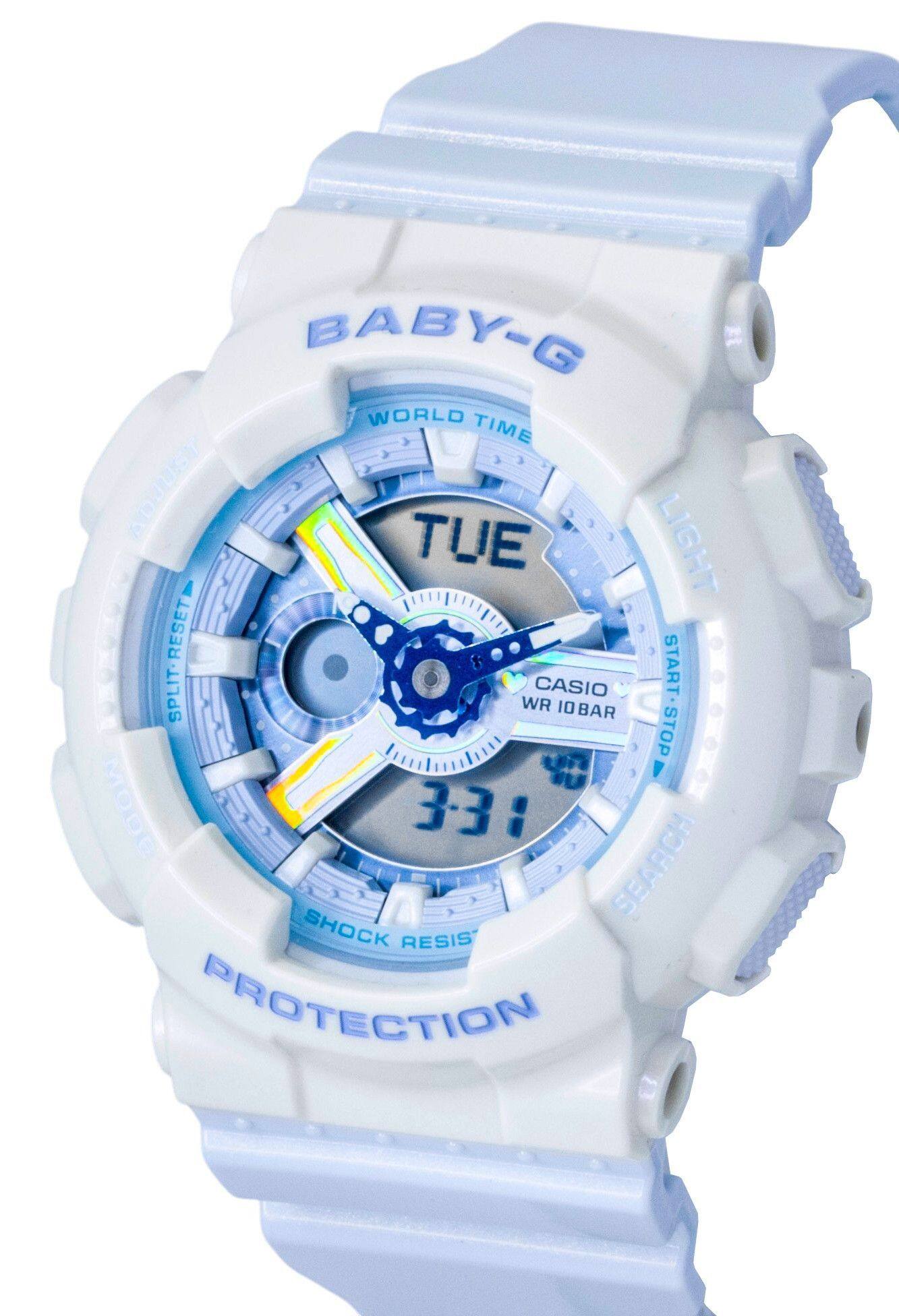 BABY-G WORLD TIME ADJUST TUE LIGHT RESET START SPLIT CASIO START/STOP WR 10BAR STOP MODE 3-31 SEARCH SHOCK RESIST PROTECTION