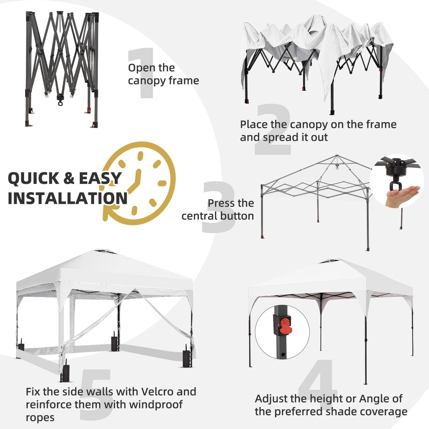 1. Open the canopy frame
2. Place the canopy on the frame and spread it out
3. Press the central button
4. Adjust the height or angle of the preferred shade coverage
5. Fix the side walls with Velcro and reinforce them with windproof ropes