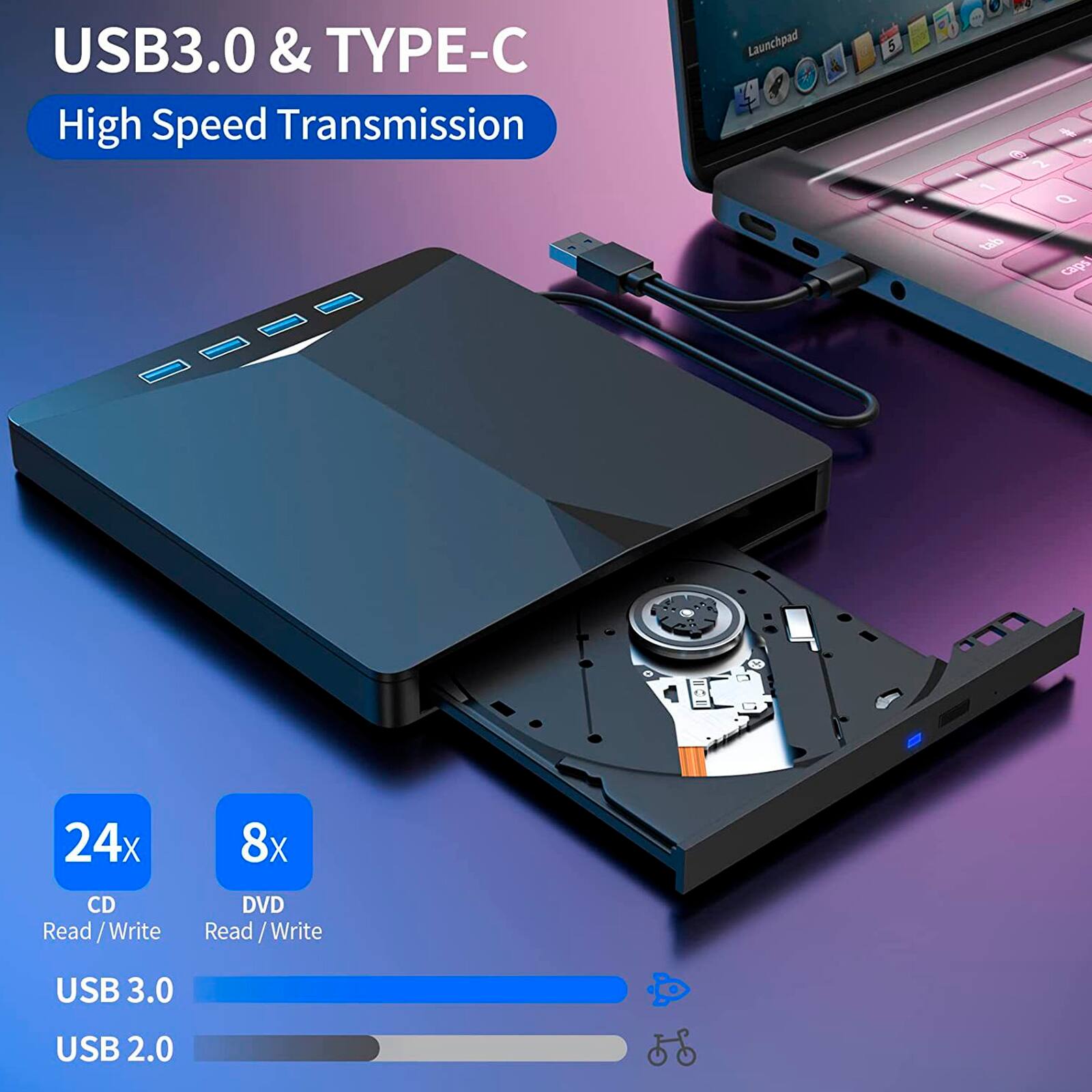 USB3.0 & TYPE-C  
High Speed Transmission  

Launchpad  

24x CD Read/Write  
8x DVD Read/Write  

USB 3.0  
USB 2.0