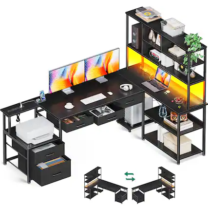 Front. AODK - L-Shaped Desk with Storage Shelves, 5 Drawers, LED Light and Power Outlets - Black.