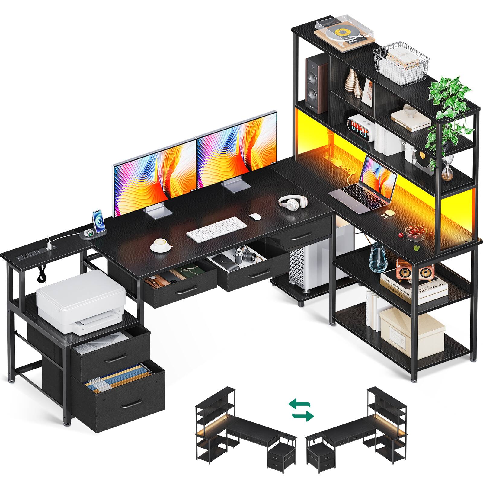 Front. AODK - L-Shaped Desk with Storage Shelves, 5 Drawers, LED Light and Power Outlets - Black.
