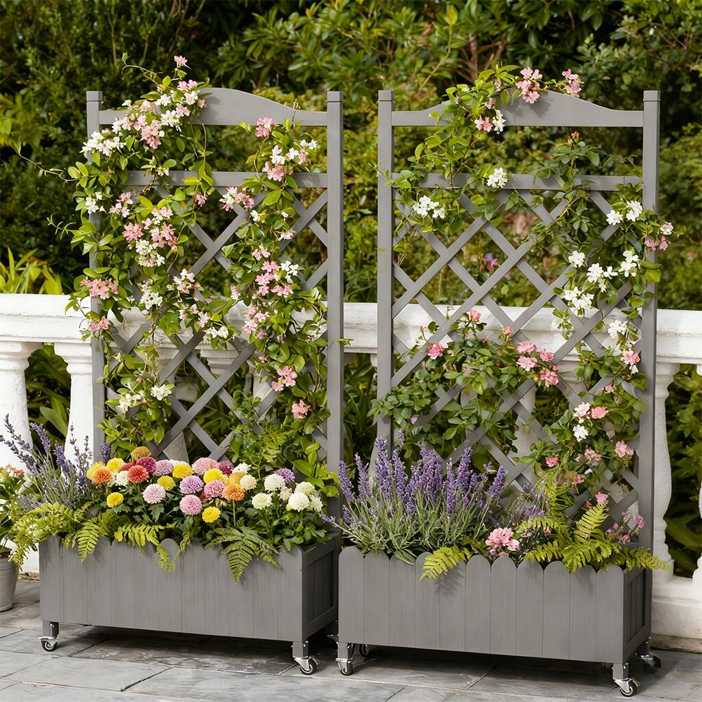 Alt View 5. CloudRest Pro - Raised Garden Bed with Trellis and Wheels 48 Inch Elevated Planter Box with Drainage Holes 2 Pack - Gray.