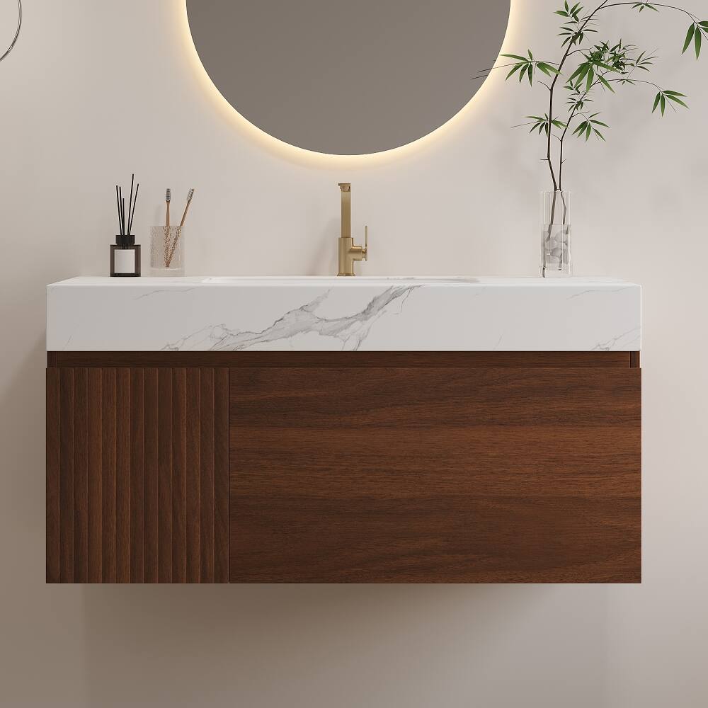 Left. Loheer - Loheer 36 inch floating bathroom vanity seamless sintered stone top wall mounted vanity with sink walnut - Walnut, White.