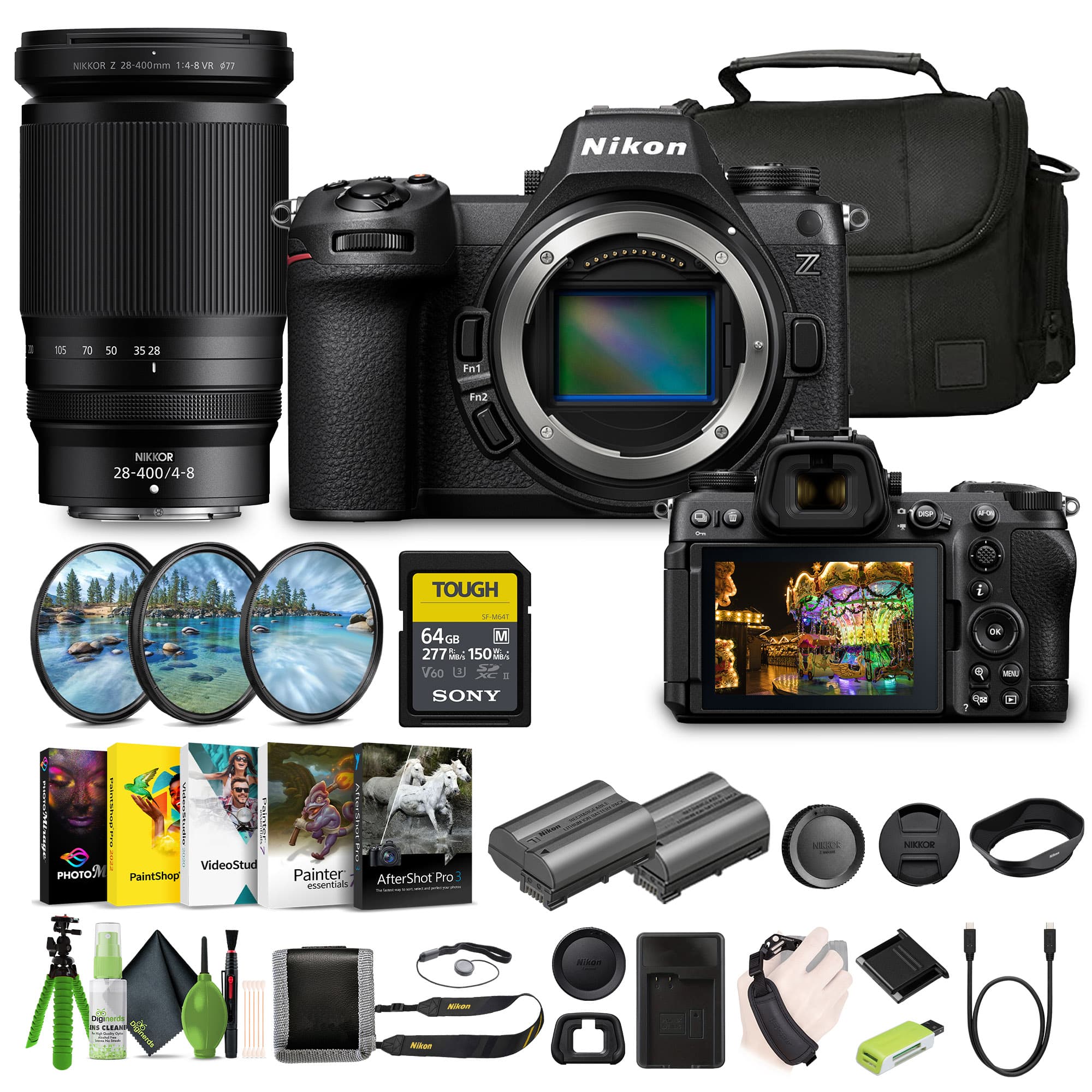 NIKKOR Z 28-400mm 1:4-8 VR  
Nikon Z  
NIKKOR 28-400/4-8 DE  
TOUGH  
64GB SONY V60  
M 277  
150  
Fn1 Fn2  
VideoStud  
PaintShop  
Painter  
AfterShot Pro  
essential  
Lens Cleaning Kit  
Tripod  
Camera Bag  
Memory Card  
Battery Charger  
Battery  
Lens Hood  
Lens Cap  
Nikon Strap  
Nikon Lens Cap