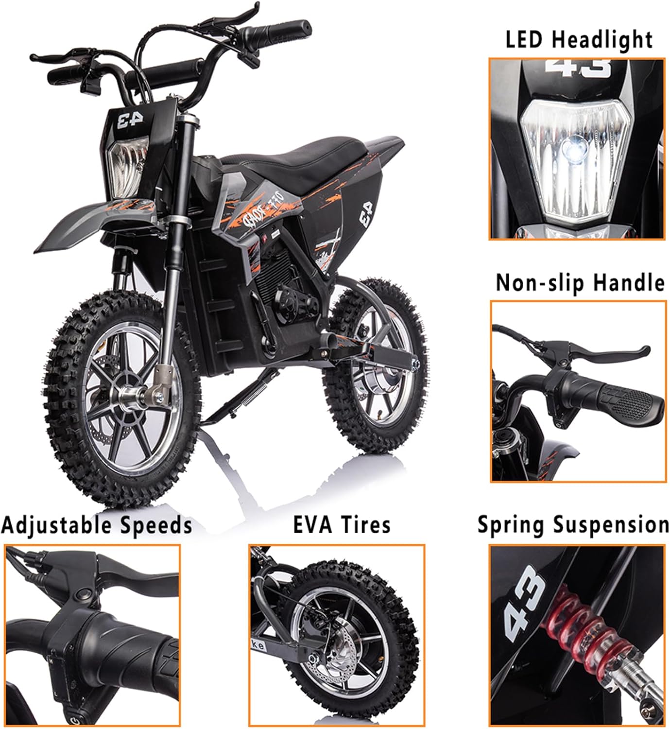 - LED Headlight
- Non-slip Handle
- Adjustable Speeds
- EVA Tires
- Spring Suspension