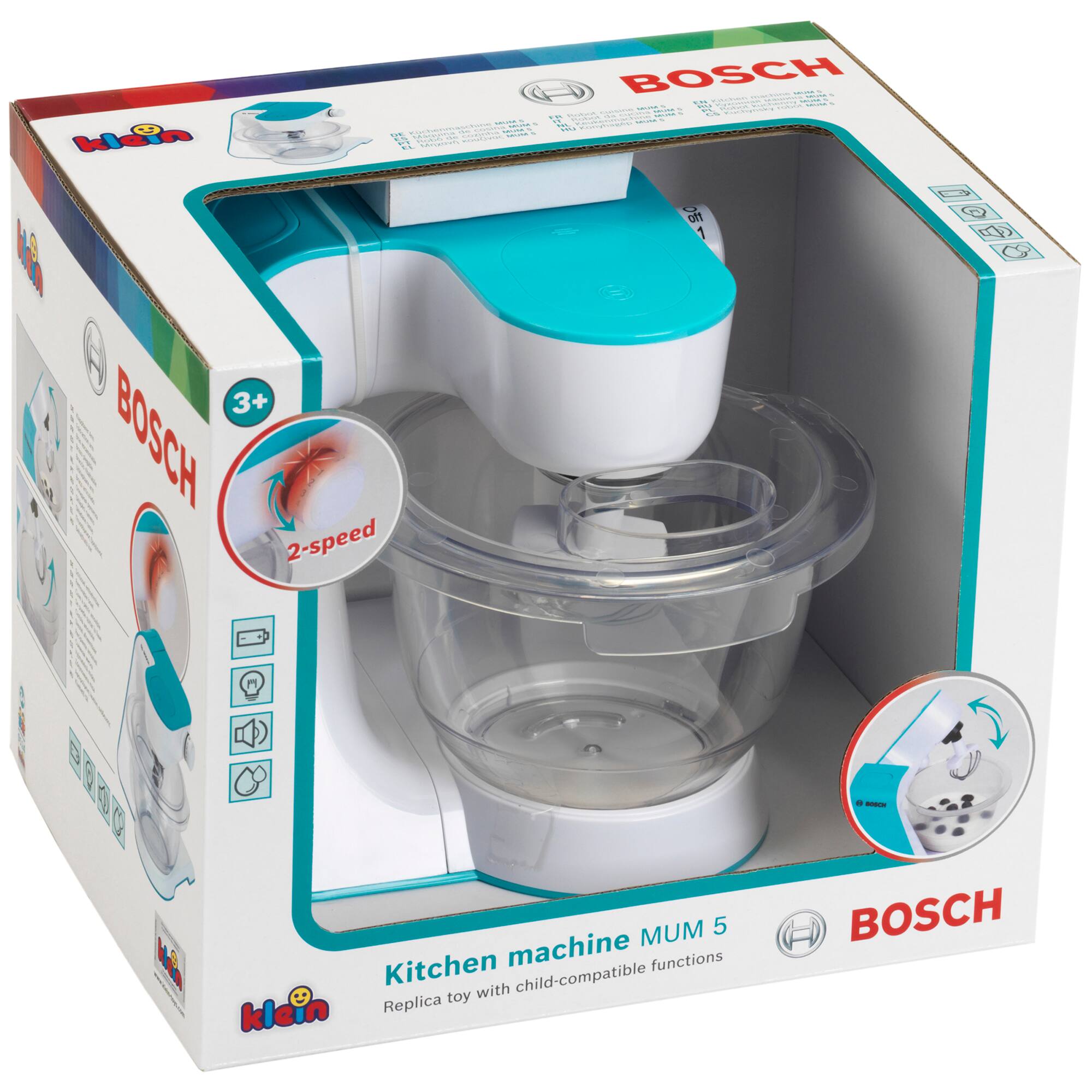 The text on the image reads: "BOSCH Kitchen Machine MUM 5 - 3+1 Speed - 2-Speed - 3+1 Speed - Child-compatible - Replica toy klein BOSCH."