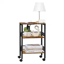 Oumilen - 3-Tier Rustic End Table with Built-In Power Outlets & Wheels - Brown