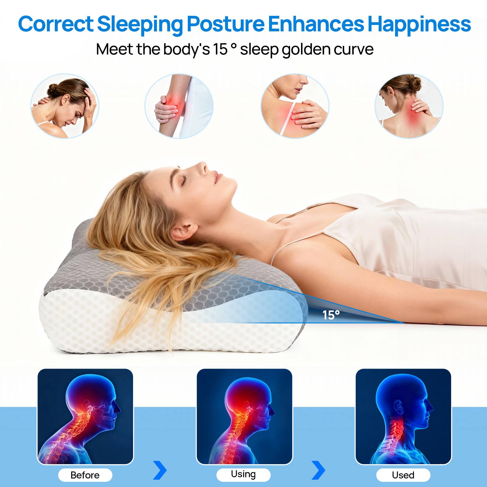 Correct Sleeping Posture Enhances Happiness  
Meet the body's 15° sleep golden curve  

Before  
Using  
Used