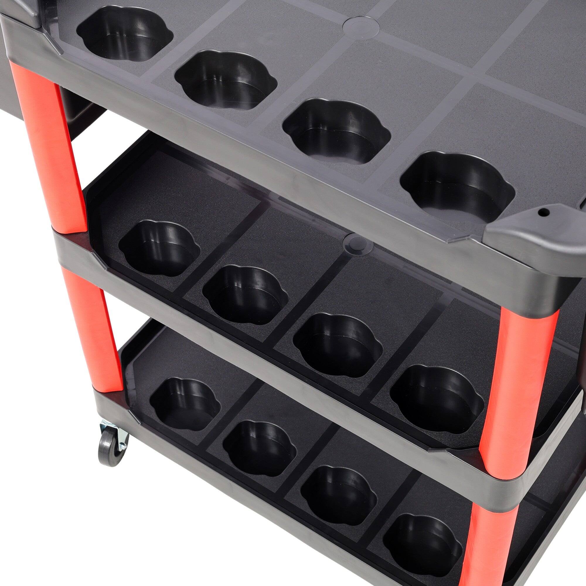 Alt View 3. Boyel Living - 17 Inches 3 Tier Black Red Rolling Plastic Utility Tool Cart With Wheels Two Buckets - Red.