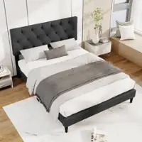 Costway Full Size Bed Frame with Button-Tufted Headboard & Wooden Slats Easy Assembly - Gray - Front_Zoom
