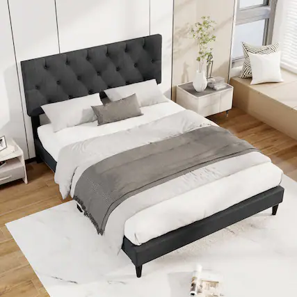 Front. Costway - Full Size Bed Frame with Button-Tufted Headboard & Wooden Slats Easy Assembly - Gray.