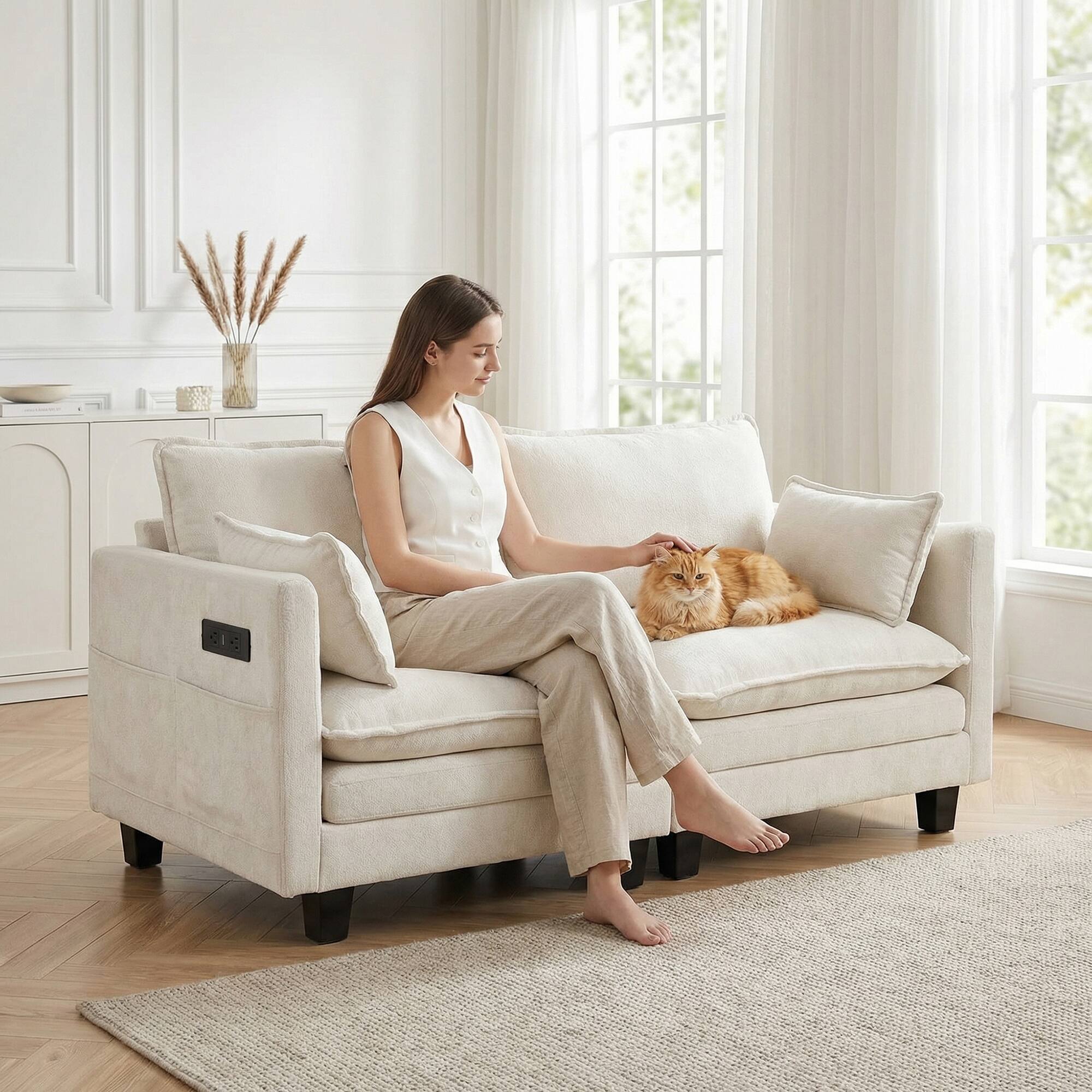 Angle. Anysun - Modern Chenille Loveseat Sofa – 2-Seat Compact Couch with Dual USB Charging Ports and Side Pockets - Beige.
