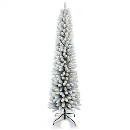 BreeBe - 7FT Flocked Pencil Christmas Tree with 200 Warm White LED Lights Slim Snowy PVC Tree with 469 Tips - Green,White