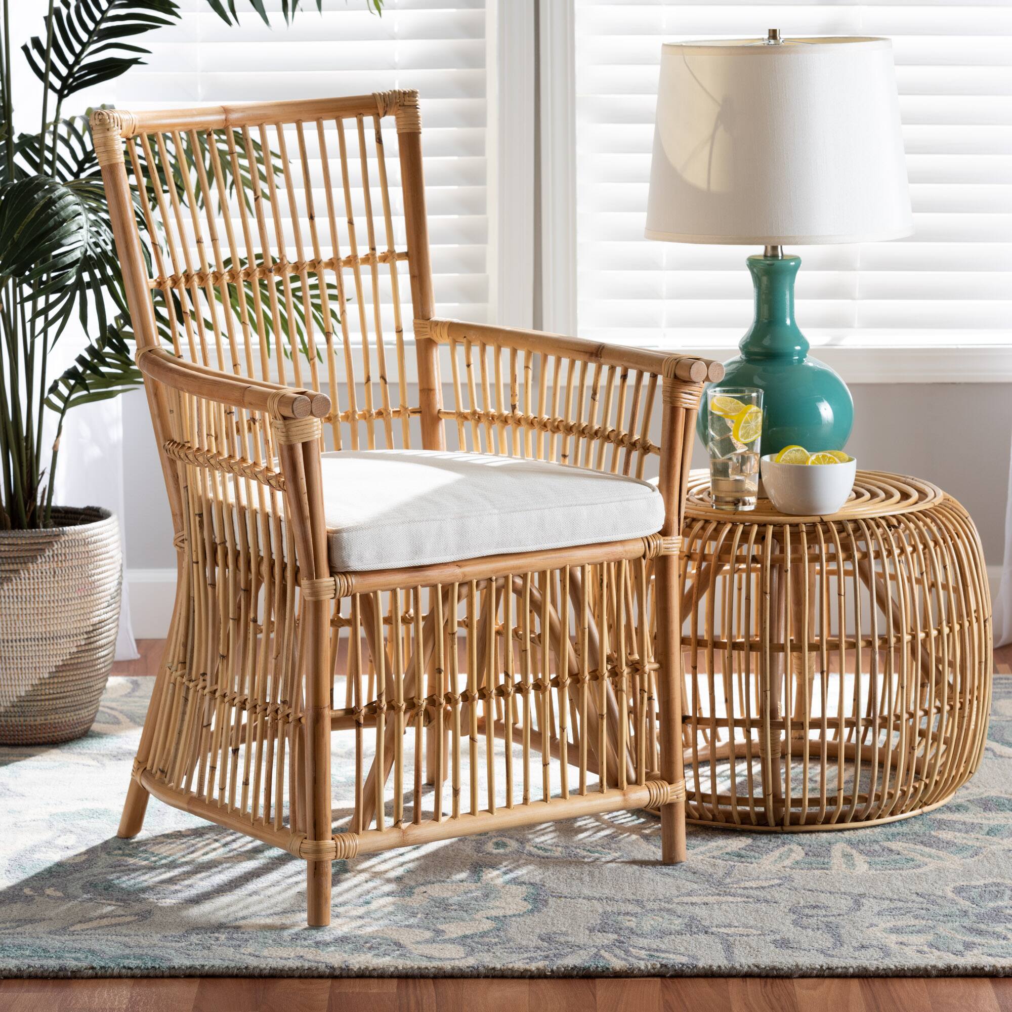 Alt View 4. bali & pari - Rose Modern Bohemian Fabric Upholstered and Rattan Armchair - White/Natural Brown.