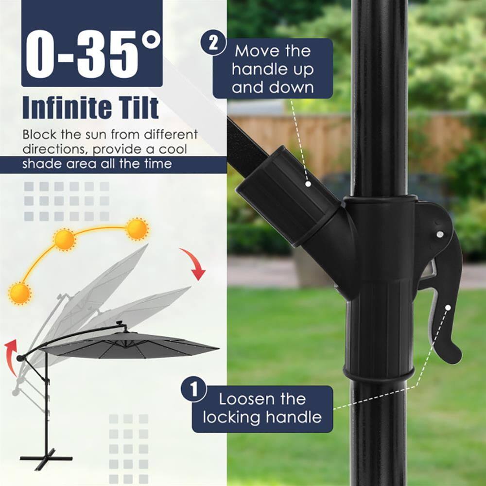 0-35° Infinite Tilt  
Block the sun from different directions, provide a cool shade area all the time  

1. Loosen the locking handle  
2. Move the handle up and down