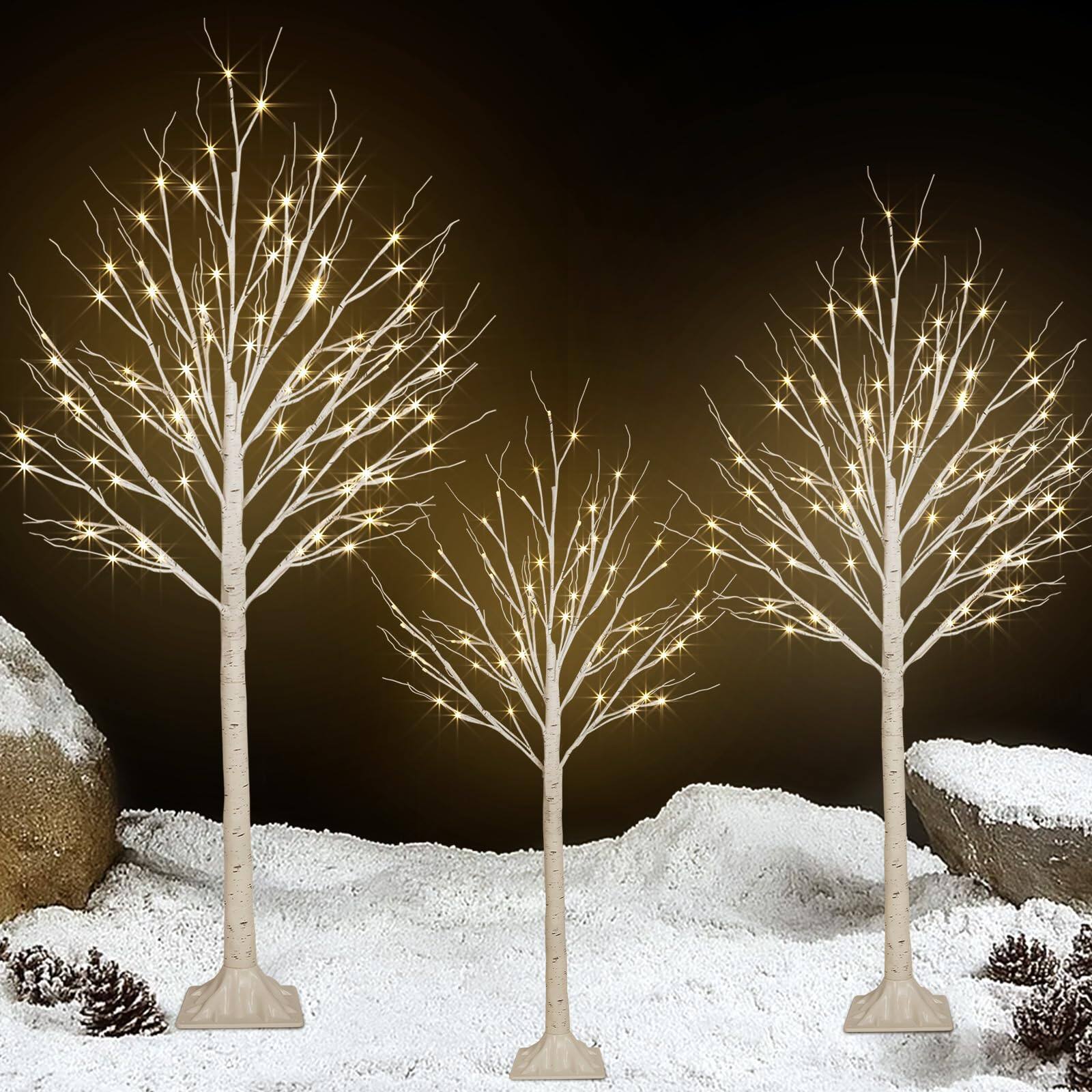 Front. Stylel Star - 3 Pack 4FT 5FT and 6FT 300LED Christmas Lighted Birch Tree, Timer Function Prelit Artificial Tree Lamp Plug in... - Warm White.