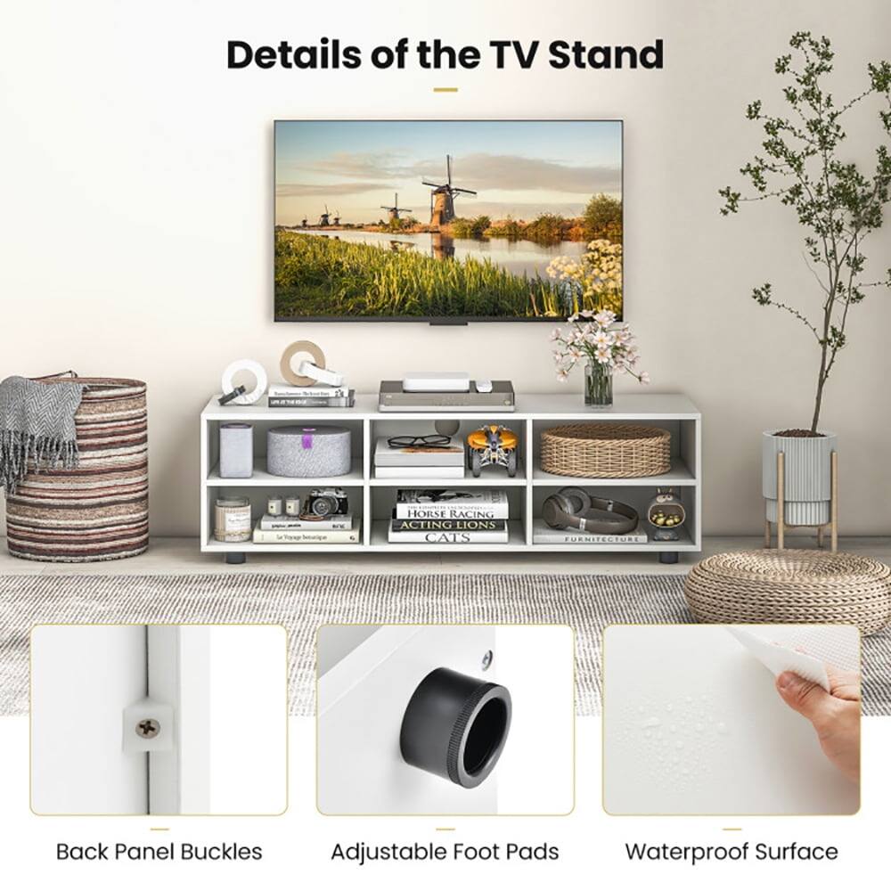 Details of the TV Stand

- Back Panel Buckles
- Adjustable Foot Pads
- Waterproof Surface