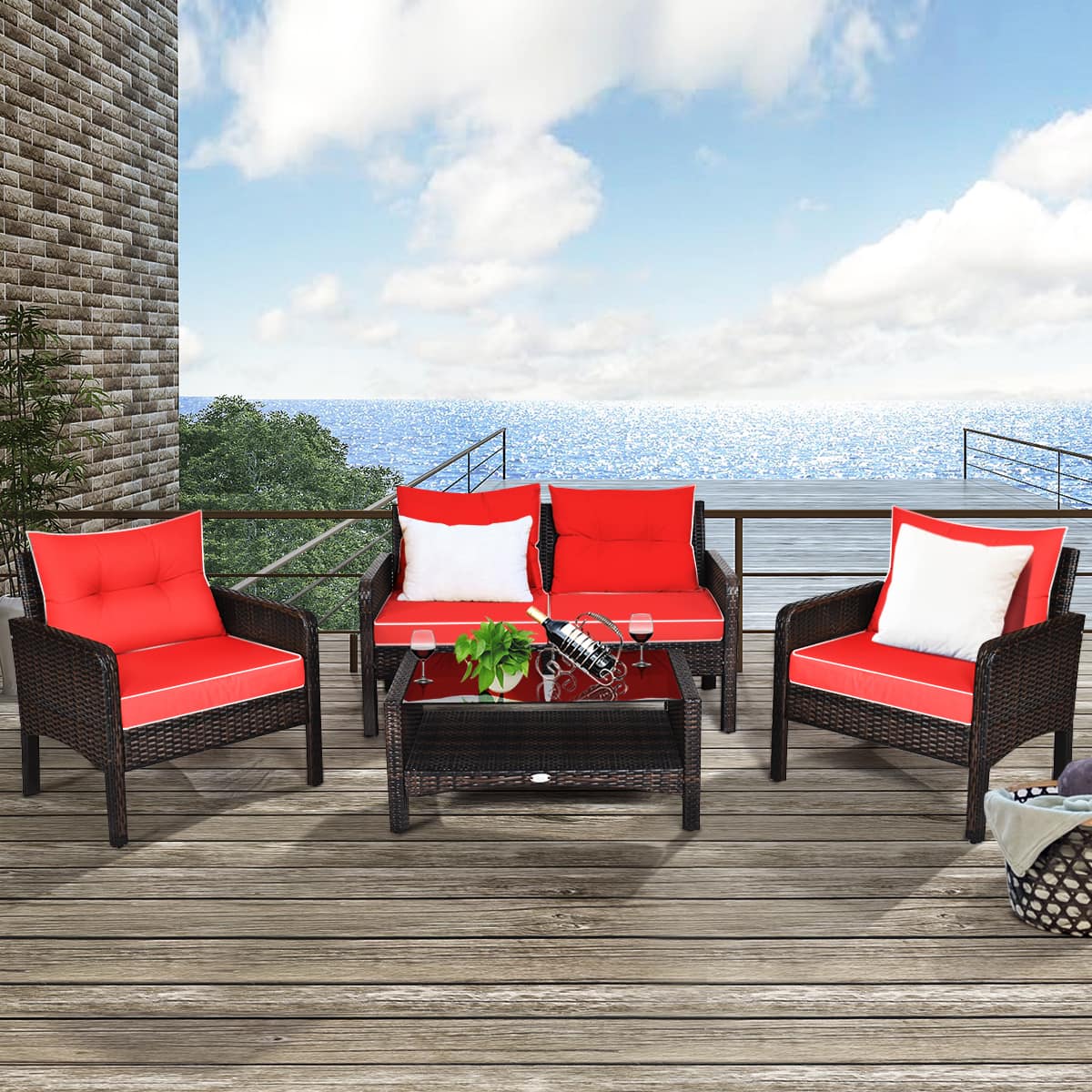 Front. Costway - Costway 4PCS Patio Rattan Furniture Set Loveseat Sofa Coffee Table Garden W/ Cushion - Red.
