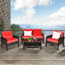 Costway - 4PCS Patio Rattan Furniture Set Loveseat Sofa Coffee Table Garden W/ Cushion - Red