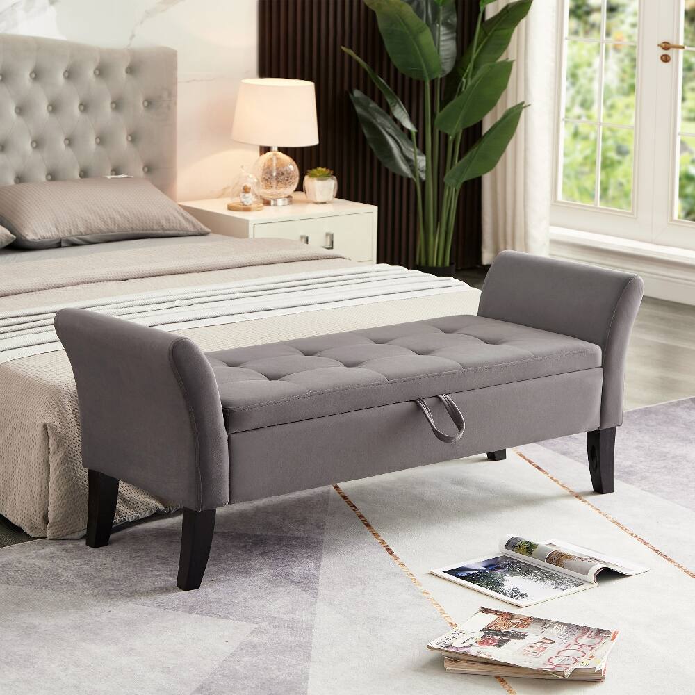 Front. Ropilly - Ropilly 51.5" Grey Velvet Storage Bench, Tufted End of Bed Ottoman with Curved Arms, Upholstered Bedroom Shoe Bench - Grey.