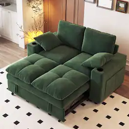 Vipbear - 65" Loveseat Sleeper Sofa with Pull Out Bed, Couch with Reclining Backrest, USB Ports, Cup Holders, Side Table - Green