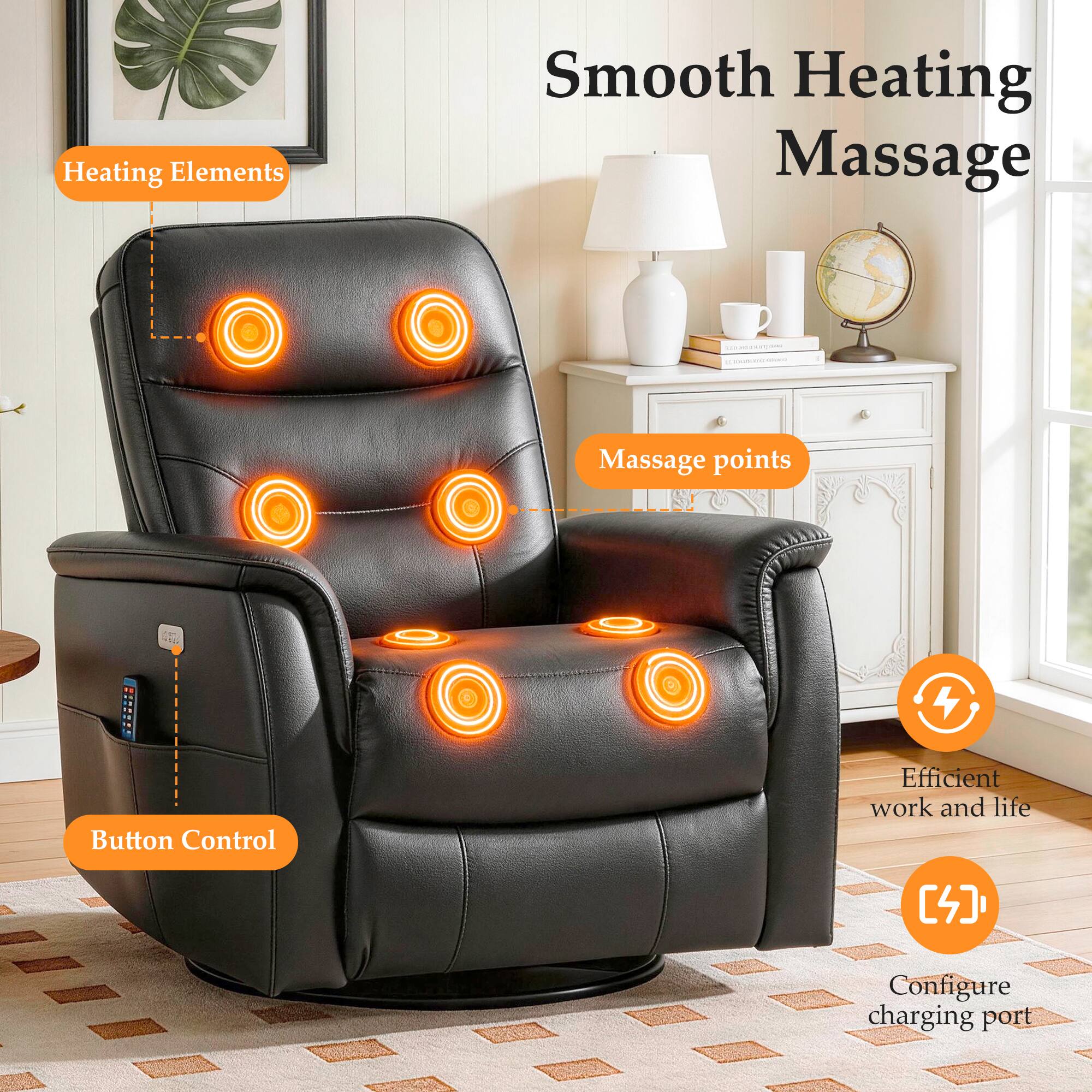 Smooth Heating Massage

- Heating Elements
- Massage points
- Button Control
- Efficient work and life
- Configure charging port