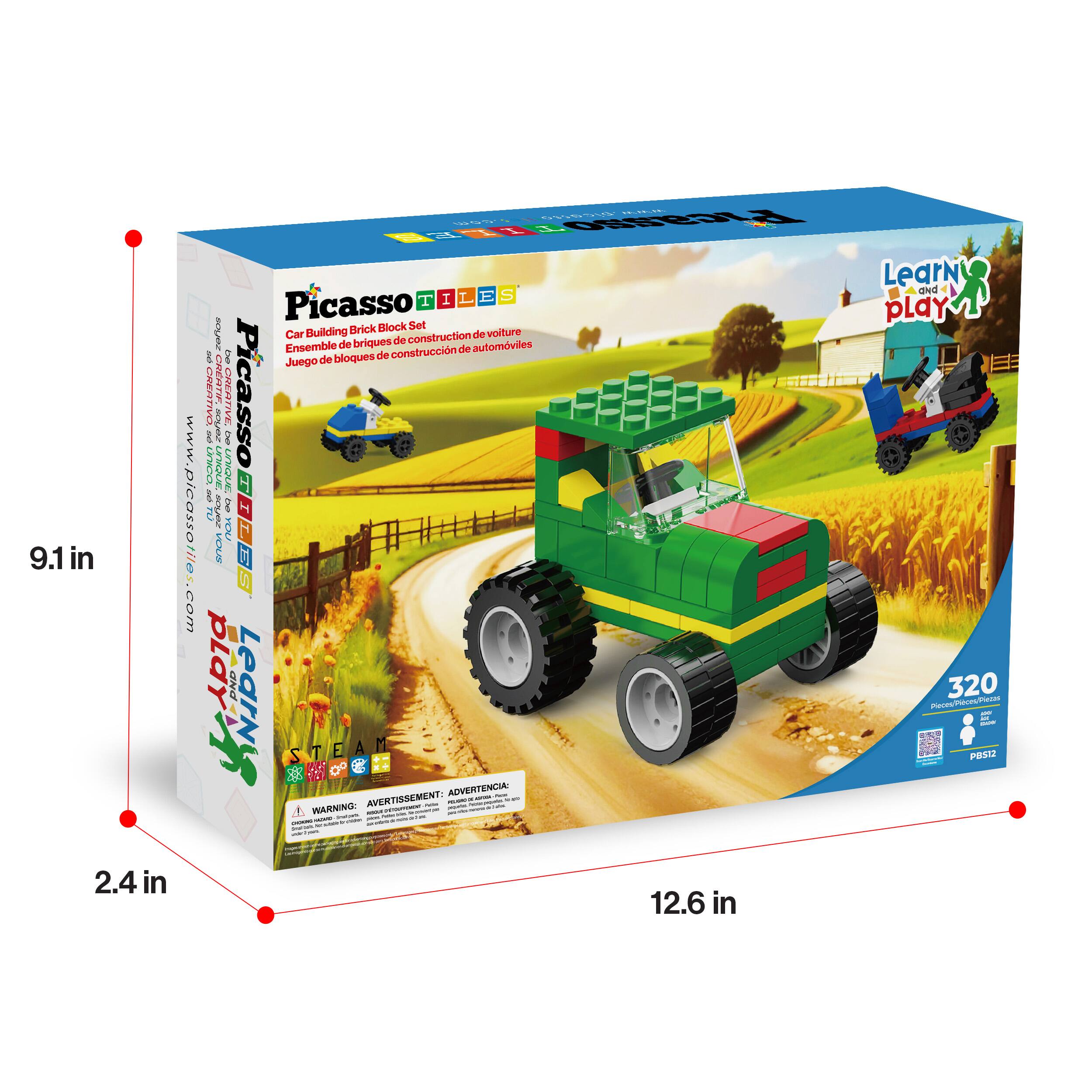 9.1 in  
2.4 in  
www.picassotiles.com  

Picasso Tiles  
Car Building Brick Block Set  
Ensemble de briques de construction de voitures  
Juego de bloques de construcción de automóviles  

Learn and Play  
STEAM  

WARNING: AVERTISSEMENT: ADVERTENCIA:  

320 Pieces  
PBS12