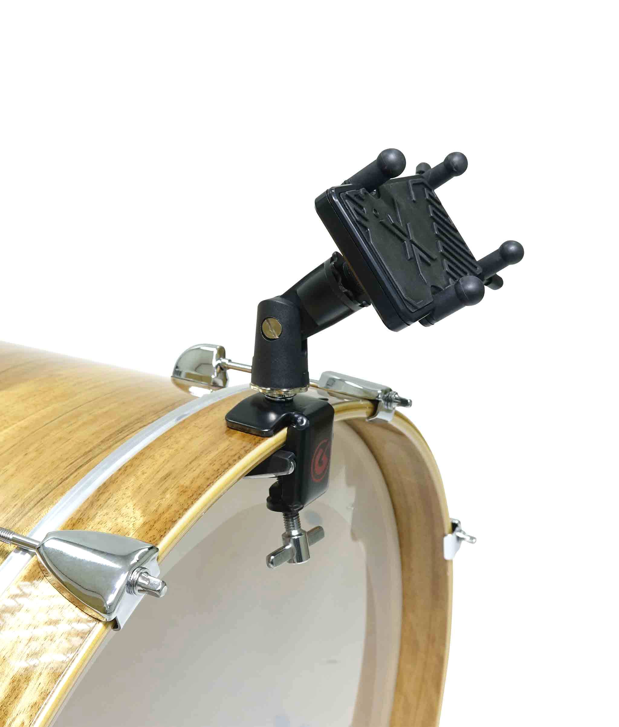 Back. Gibraltar Hardware - Bass Drum Smartphone Holder, Adjustable Scissor Clamp with Hoop Mount and Touchscreen Access for Music Practice - Black.